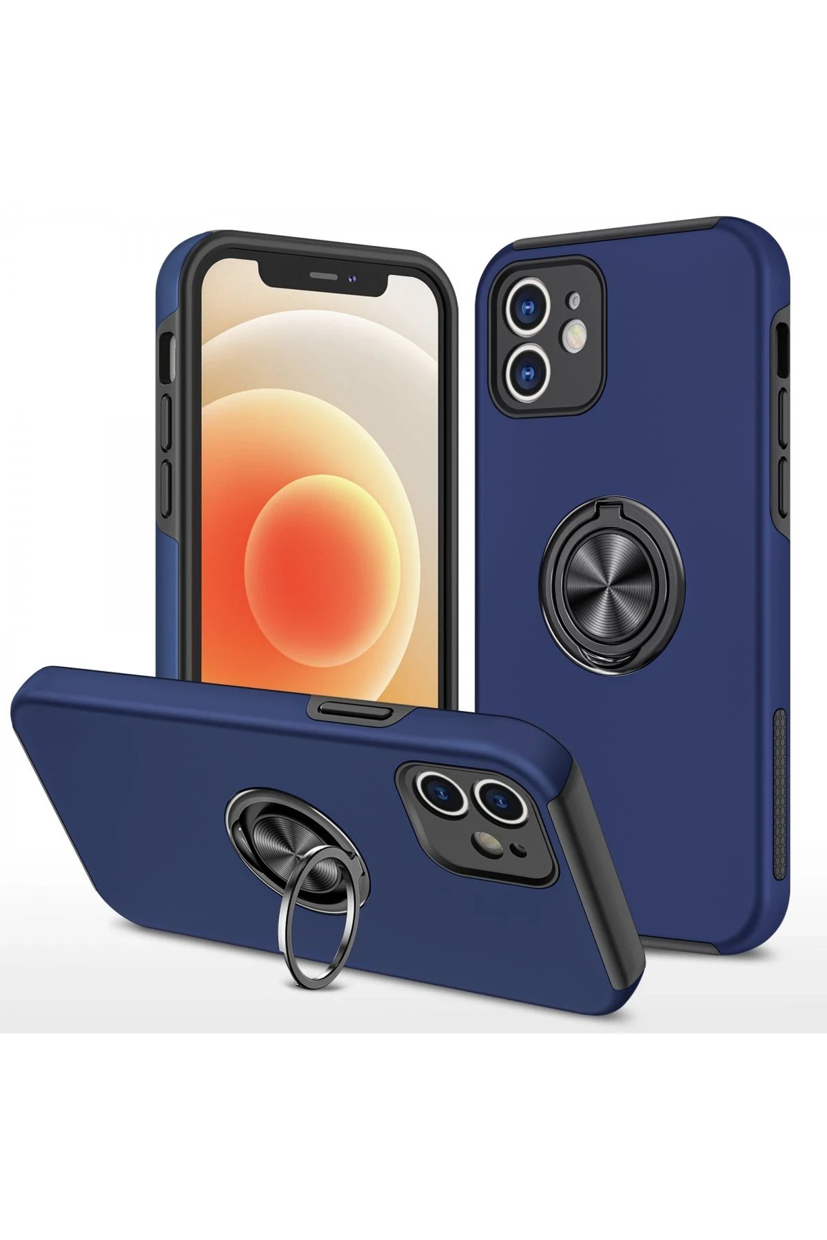 iPhone 12 Kılıf Elit Yüzüklü Kapak - Lacivert-(5796)