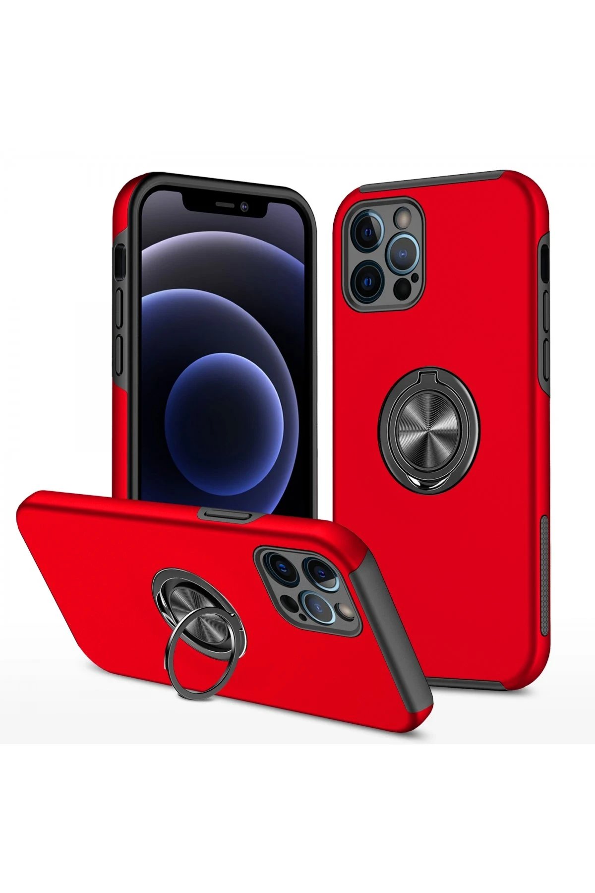 iPhone 12 Pro Kılıf Elit Yüzüklü Kapak - Kırmızı-(5796)