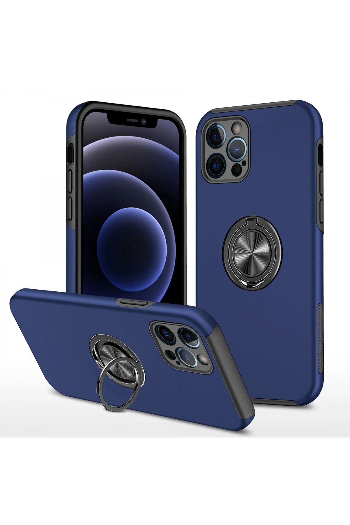 iPhone 12 Pro Kılıf Elit Yüzüklü Kapak - Lacivert-(5796)