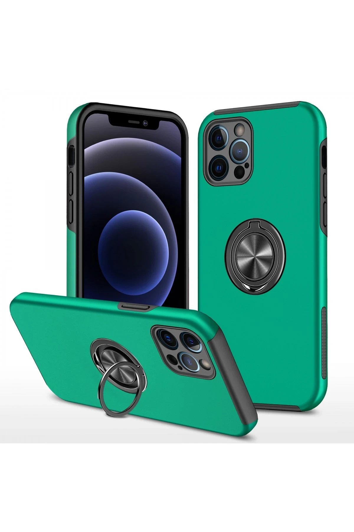iPhone 12 Pro Kılıf Elit Yüzüklü Kapak - Yeşil-(5796)