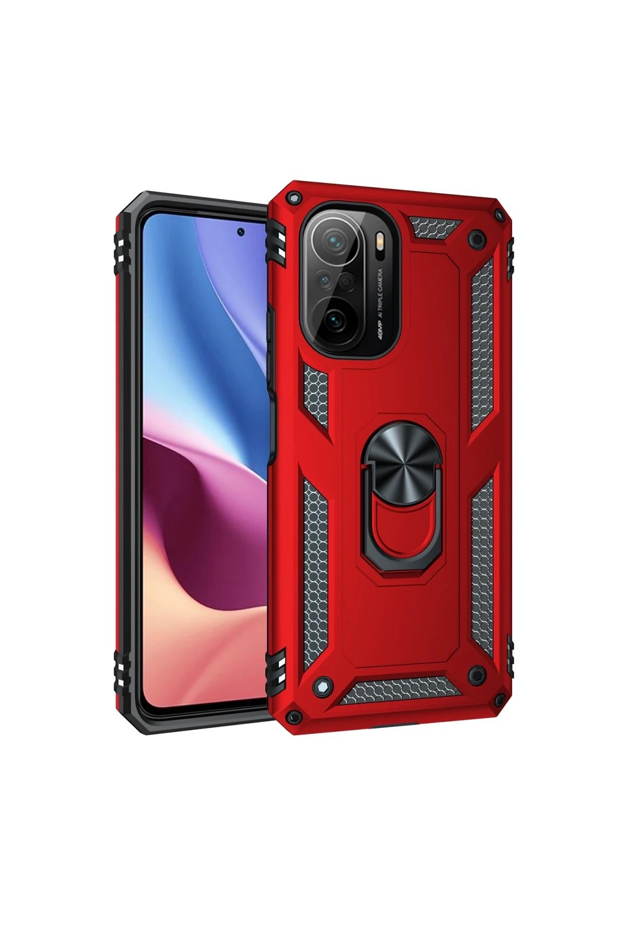 Xiaomi Poco F3 Kılıf Sofya Yüzüklü Silikon Kapak - Kırmızı-(5796)