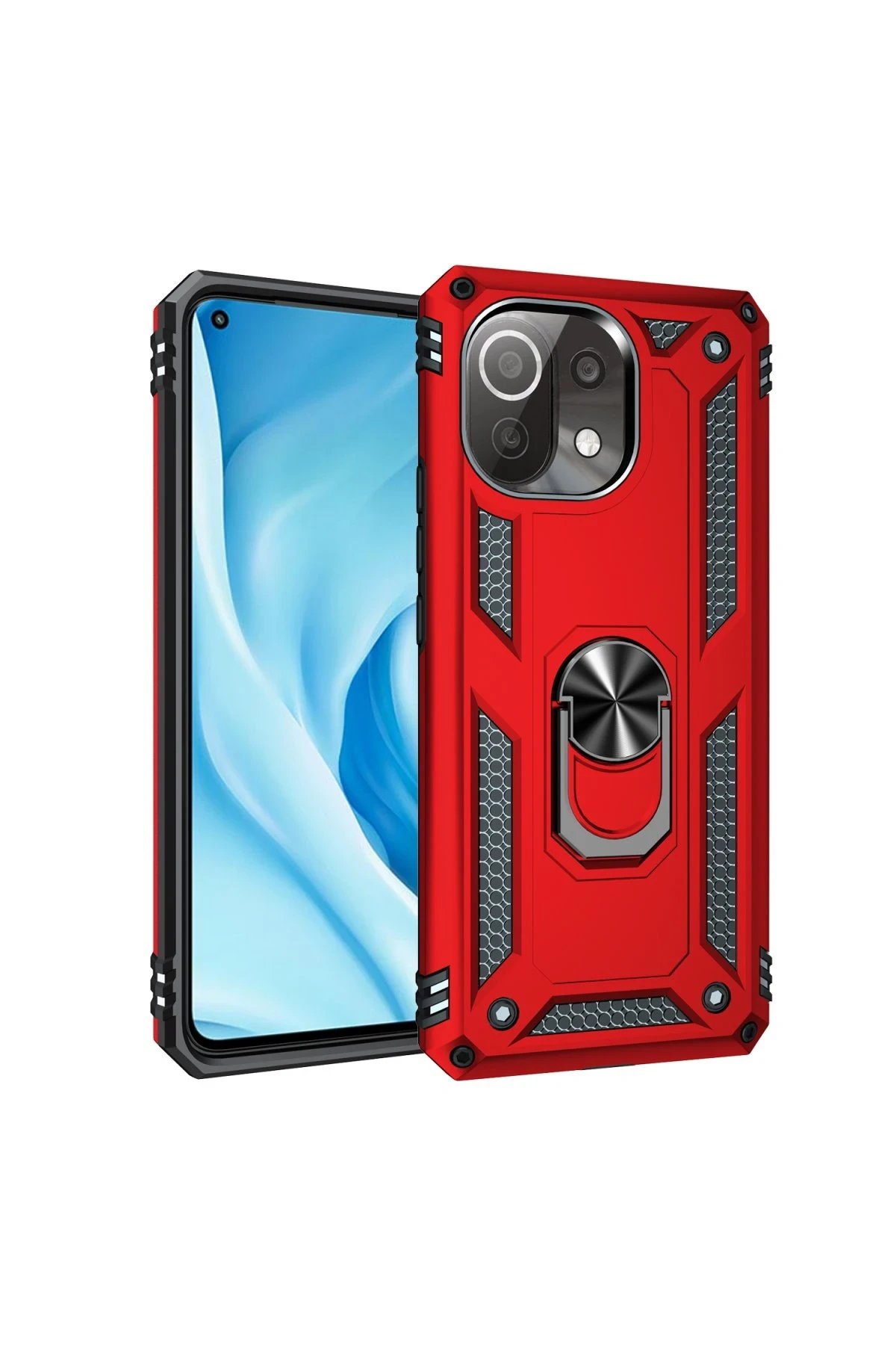 Xiaomi Mİ 11 Lite Kılıf Sofya Yüzüklü Silikon Kapak - Kırmızı-(5796)