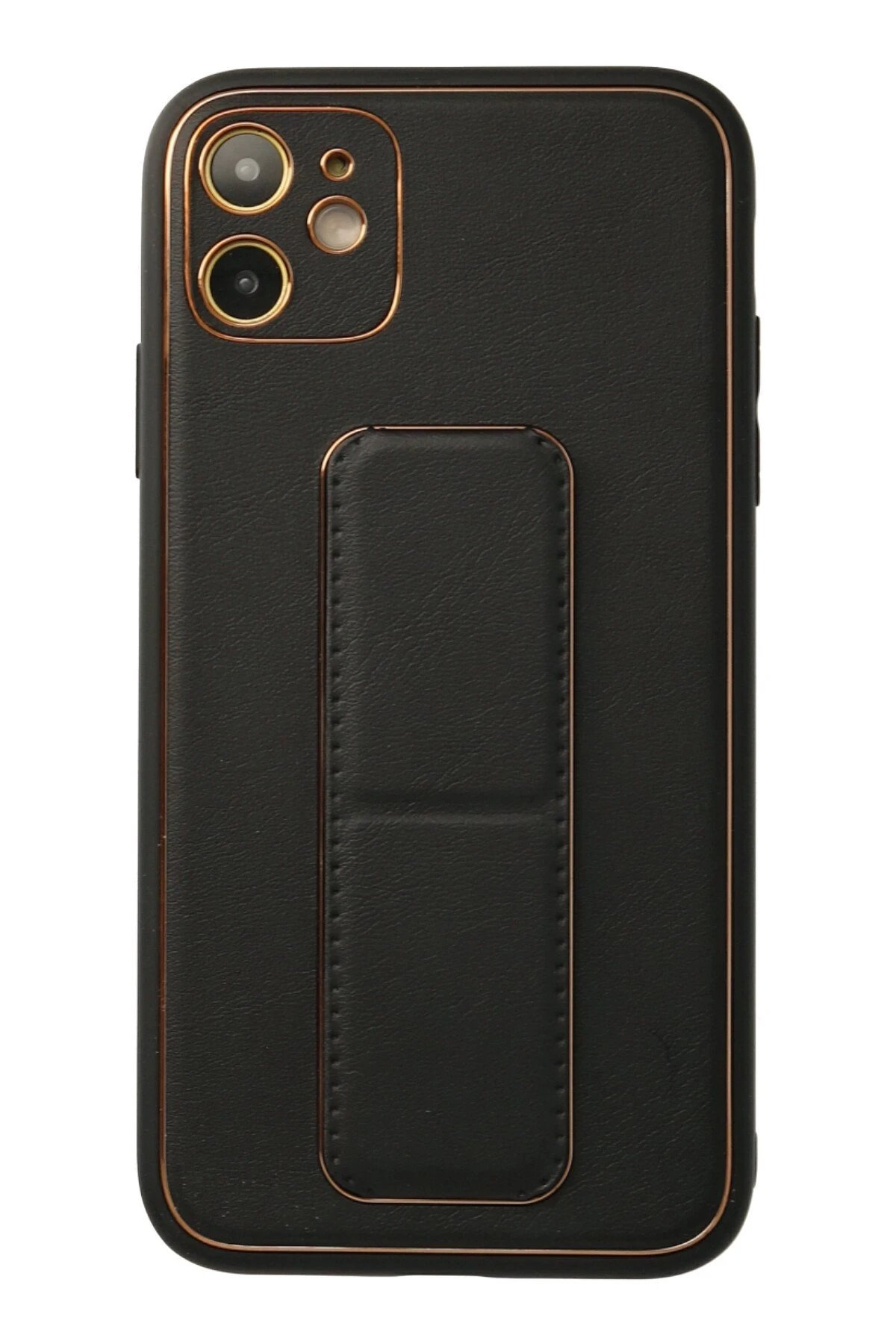 iPhone 12 Kılıf Coco Deri Standlı Kapak - Siyah-(5796)
