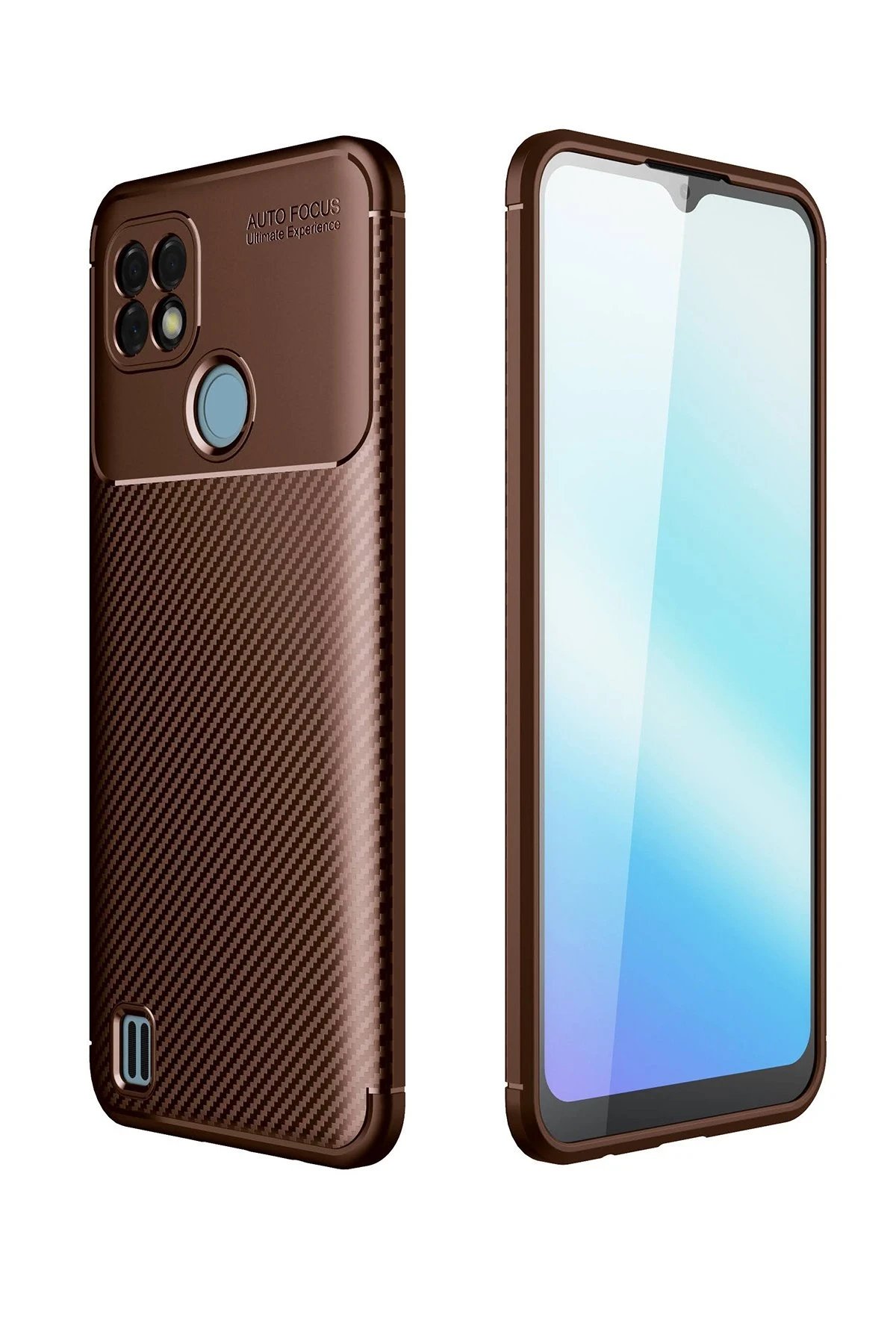 Realme C21 Kılıf Auto Focus Karbon Kapak - Kahverengi-(5796)