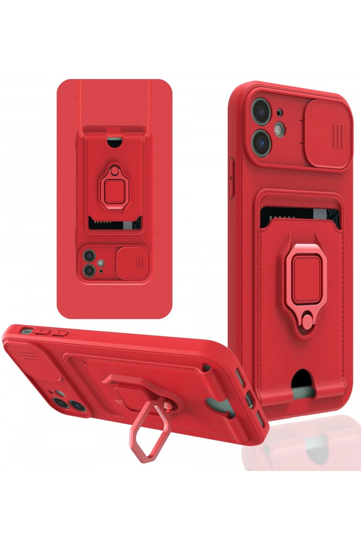 iPhone 11 Kılıf Zuma Kartvizitli Yüzüklü Silikon - Kırmızı-(5796)