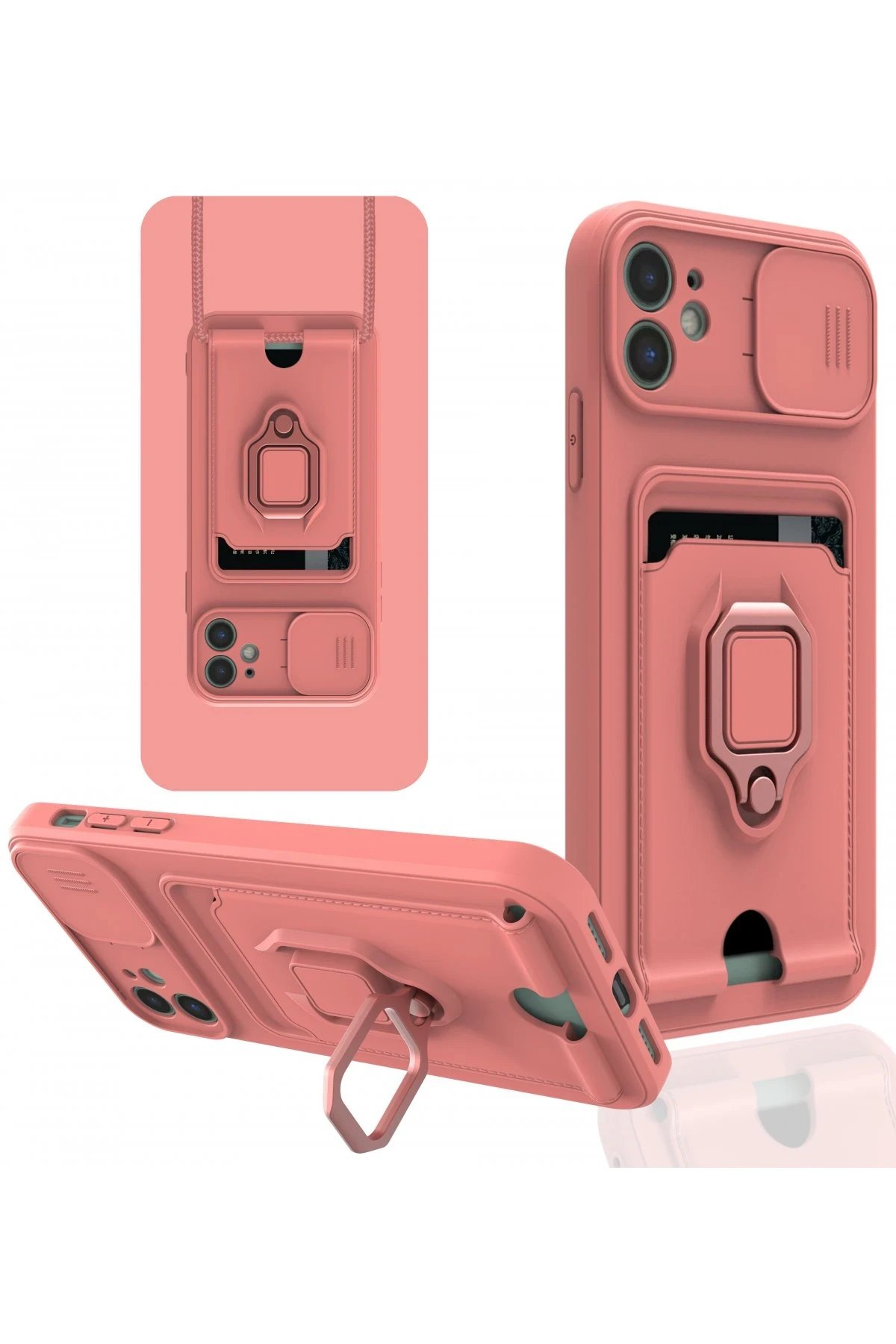 iPhone 11 Kılıf Zuma Kartvizitli Yüzüklü Silikon - Pembe-(5796)