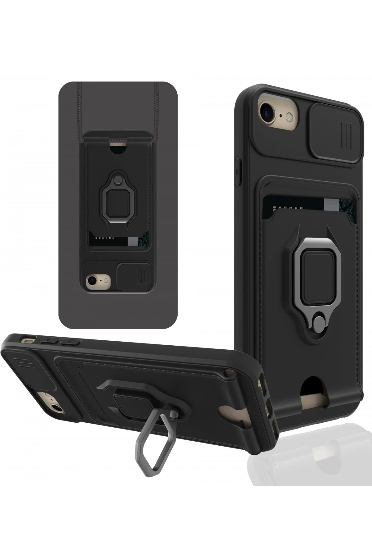 iPhone 6 Kılıf Zuma Kartvizitli Yüzüklü Silikon - Siyah-(5796)
