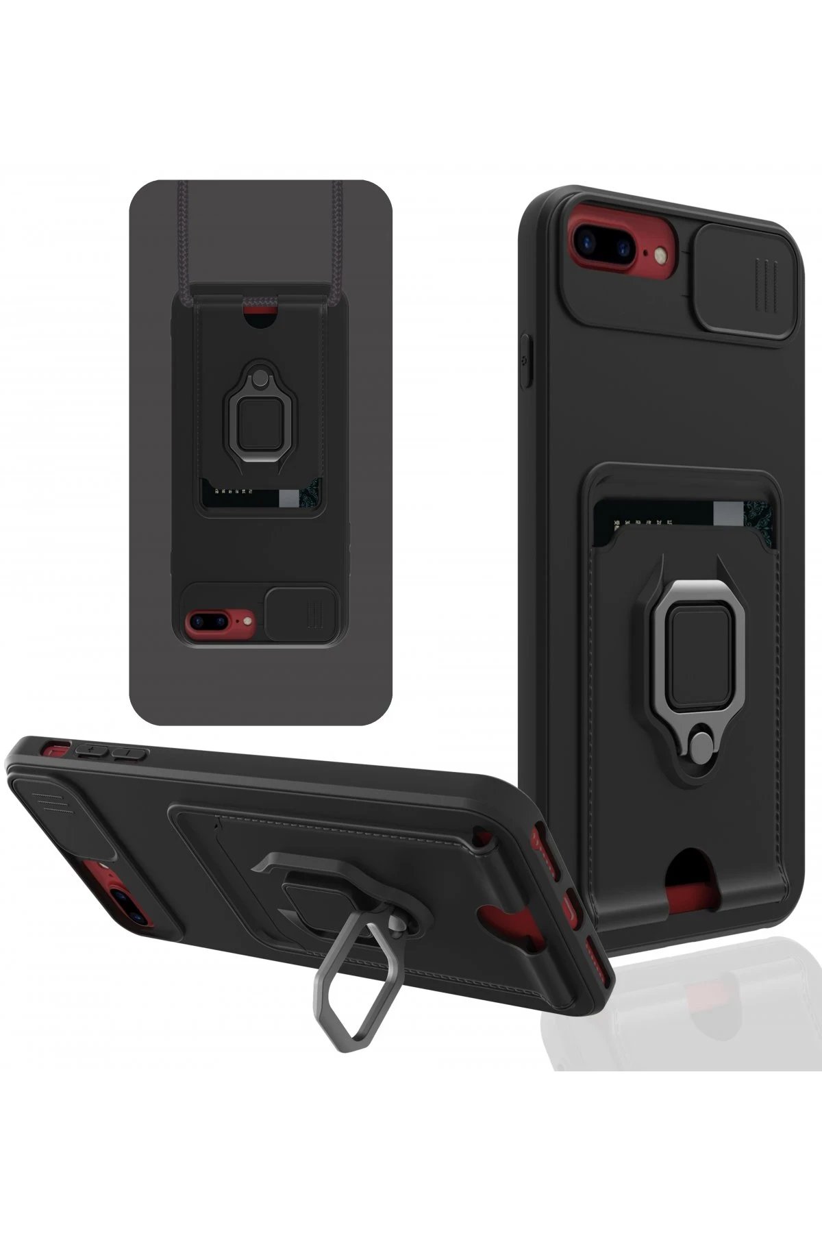 iPhone 7 Plus Kılıf Zuma Kartvizitli Yüzüklü Silikon - Siyah-(5796)