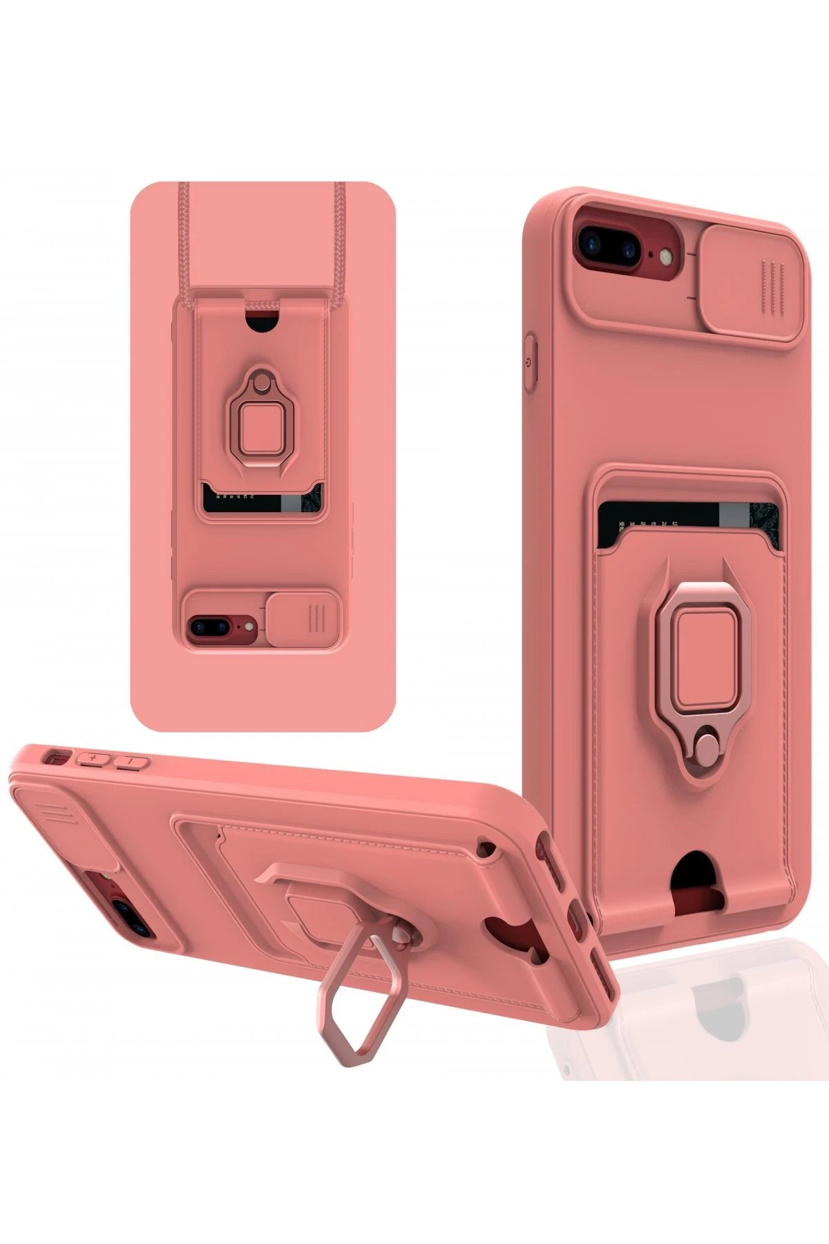 iPhone 7 Plus Kılıf Zuma Kartvizitli Yüzüklü Silikon - Pembe-(5796)
