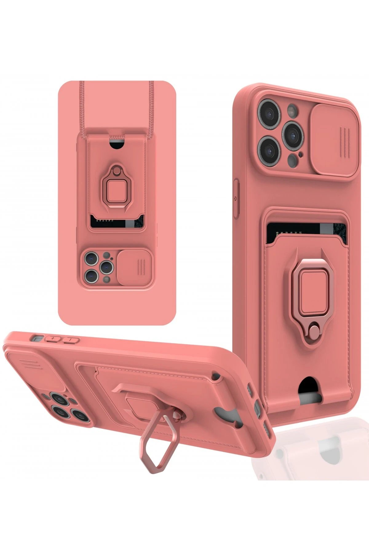 iPhone 12 Pro Kılıf Zuma Kartvizitli Yüzüklü Silikon - Pembe-(5796)