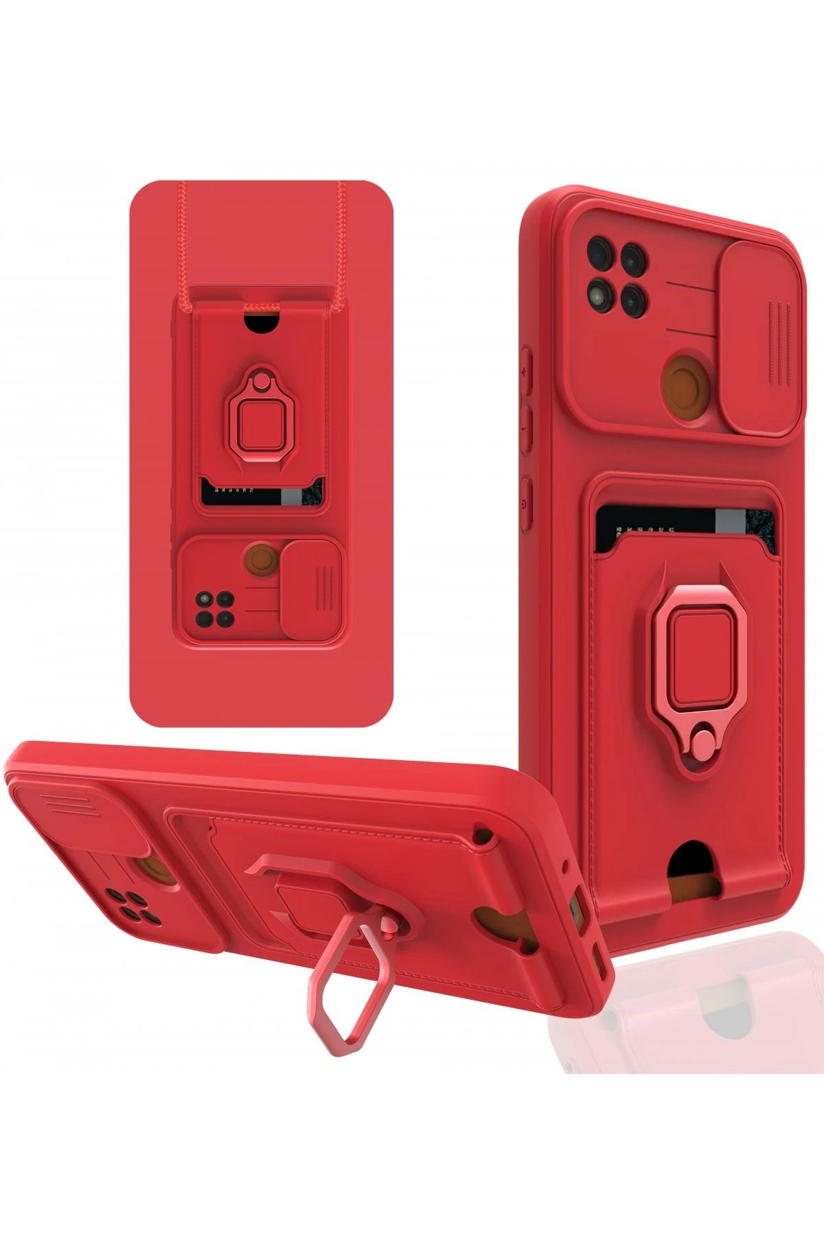 Xiaomi Redmi 9C Kılıf Zuma Kartvizitli Yüzüklü Silikon - Kırmızı-(5796)