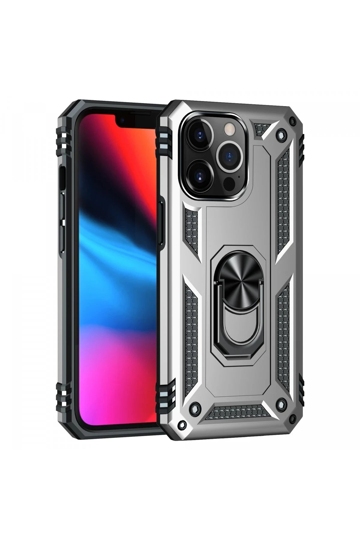iPhone 13 Pro Max Kılıf Sofya Yüzüklü Silikon Kapak - Gümüş-(5796)