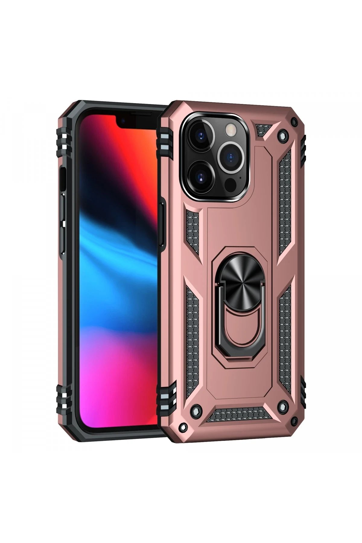 iPhone 13 Pro Max Kılıf Sofya Yüzüklü Silikon Kapak - Rose-(5796)