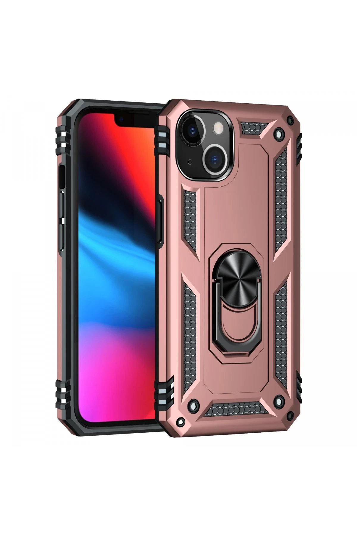 iPhone 13 Kılıf Sofya Yüzüklü Silikon Kapak - Rose-(5796)