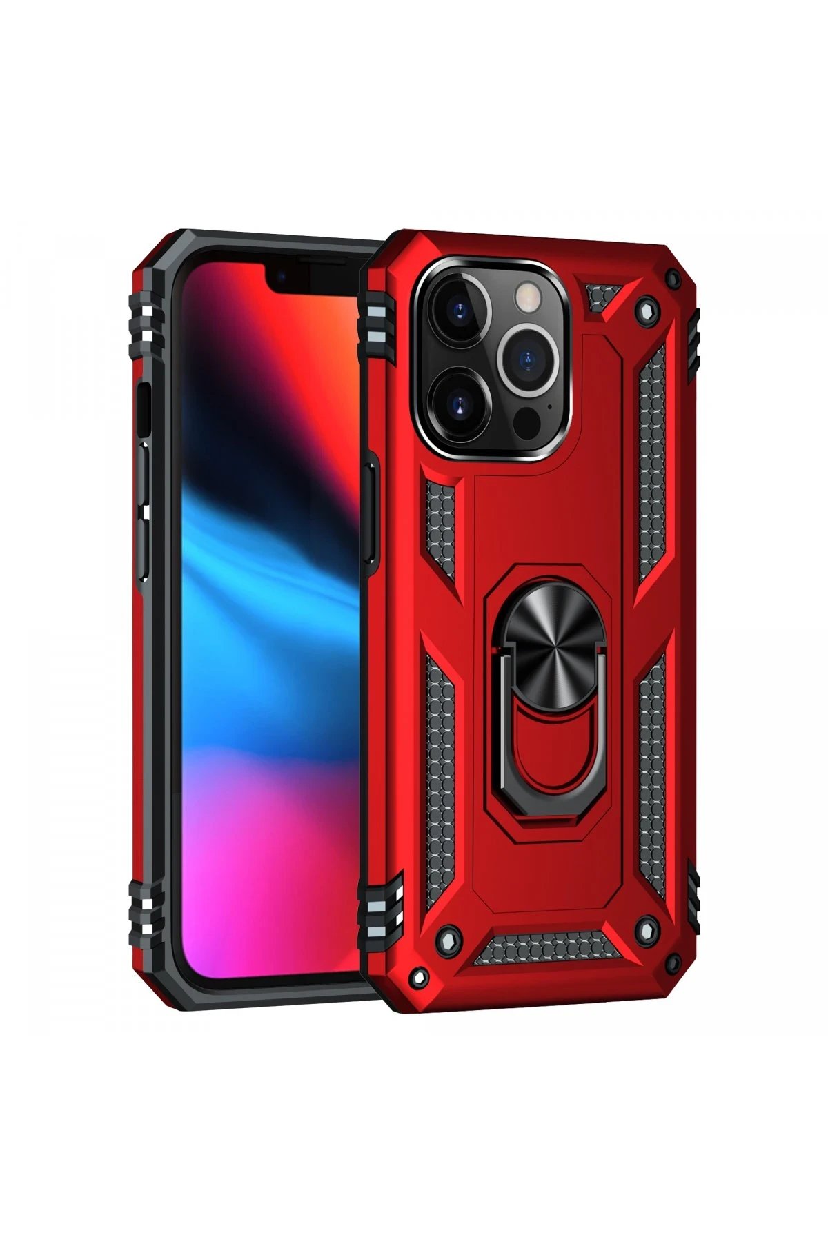 iPhone 13 Pro Kılıf Sofya Yüzüklü Silikon Kapak - Kırmızı-(5796)