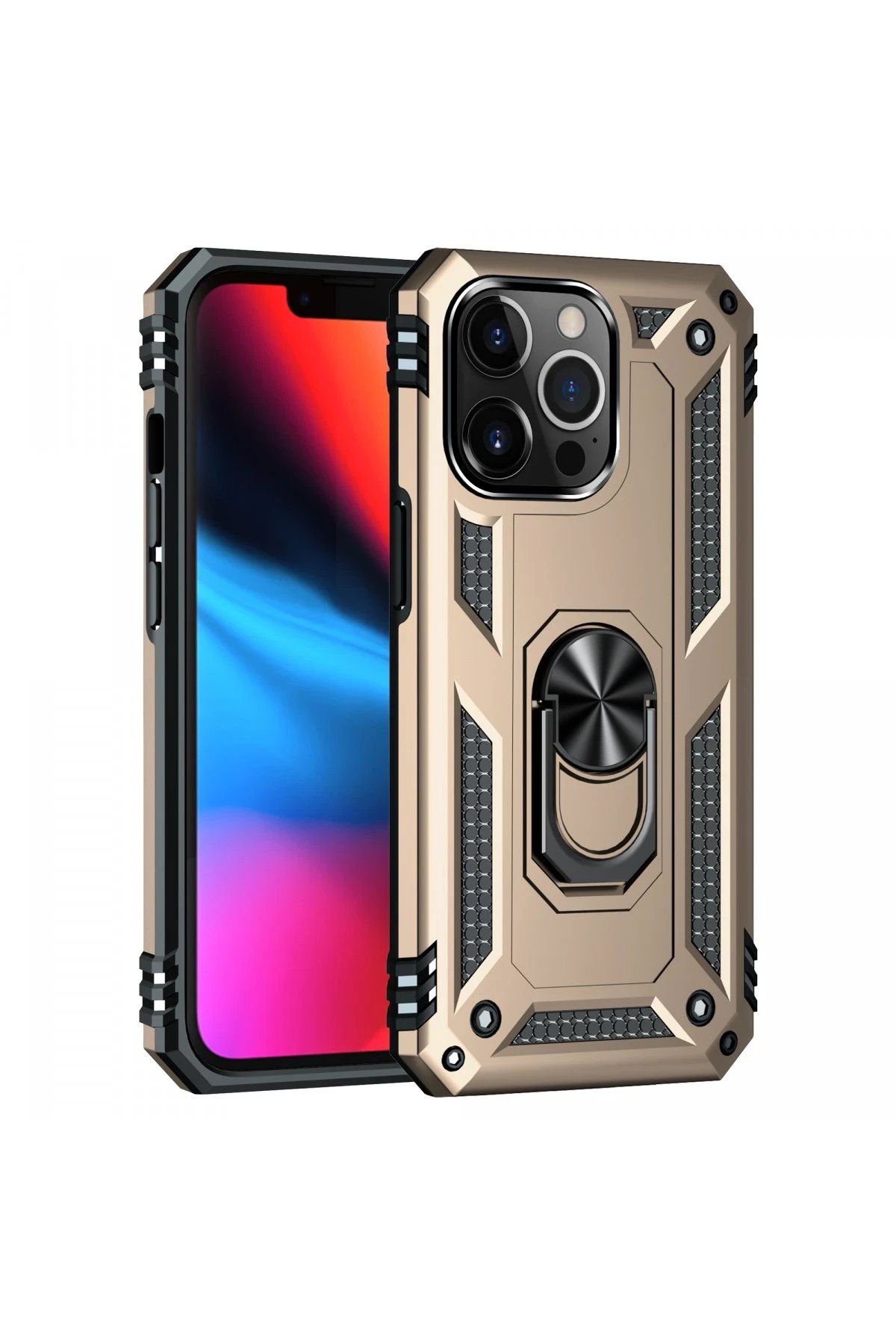 iPhone 13 Pro Kılıf Sofya Yüzüklü Silikon Kapak - Gold-(5796)