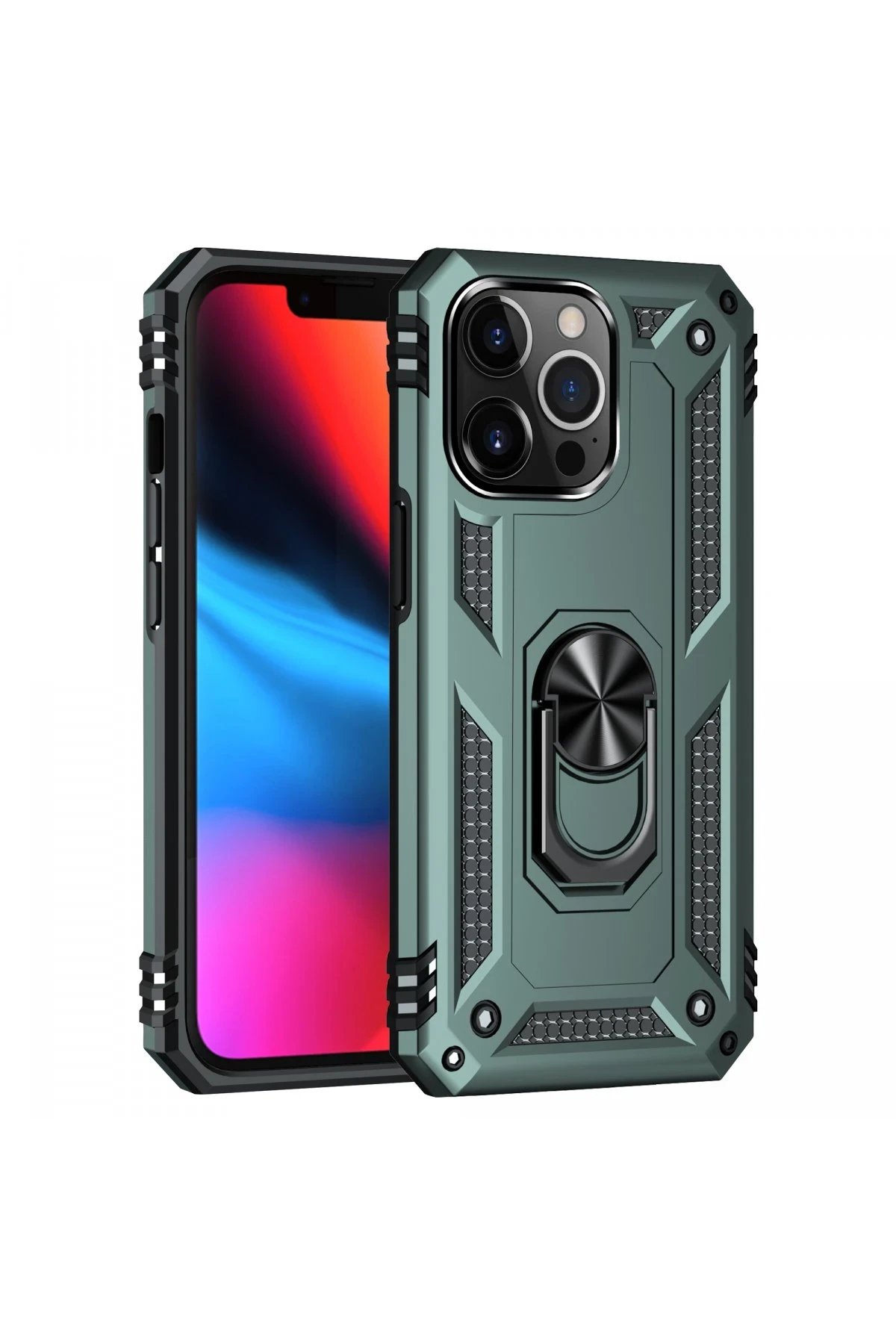 iPhone 13 Pro Kılıf Sofya Yüzüklü Silikon Kapak - Yeşil-(5796)