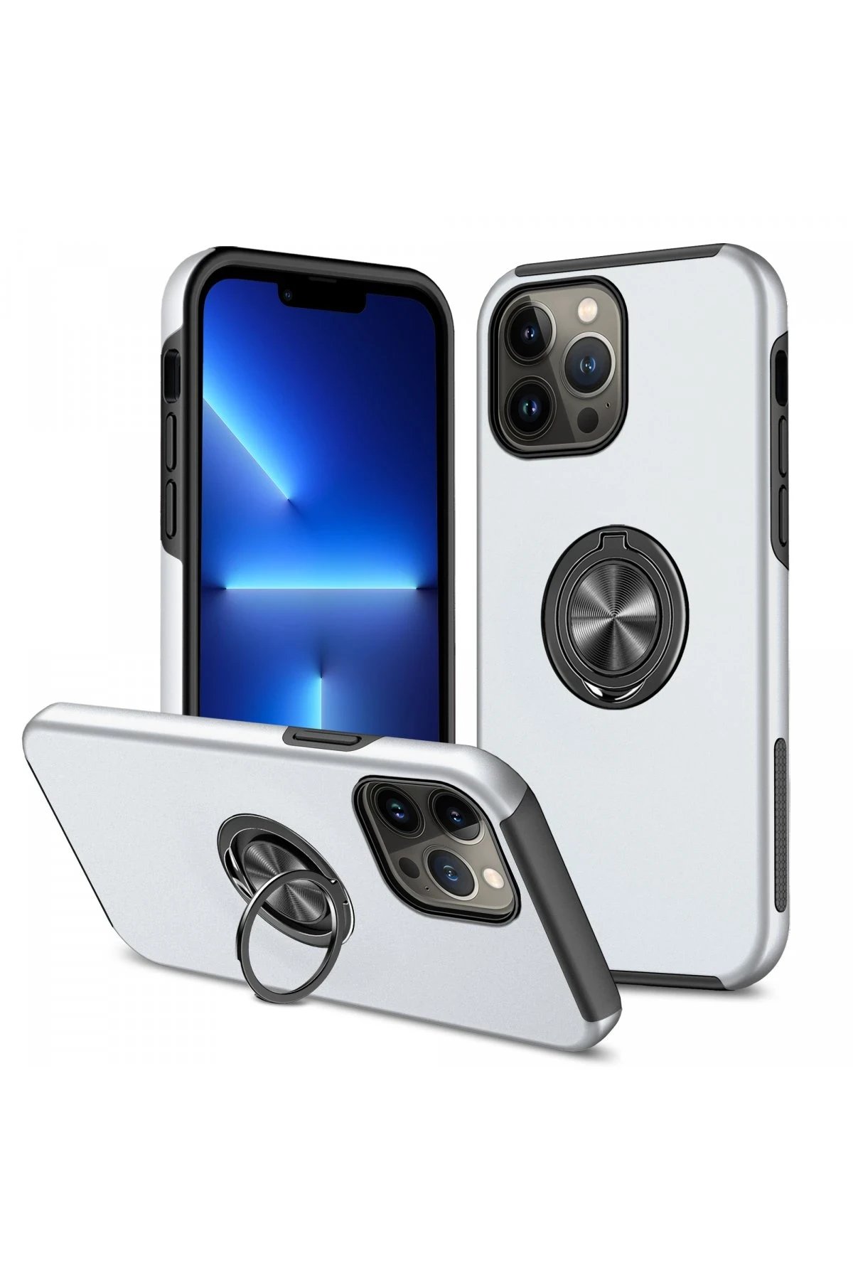 iPhone 13 Pro Kılıf Elit Yüzüklü Kapak - Gümüş-(5796)