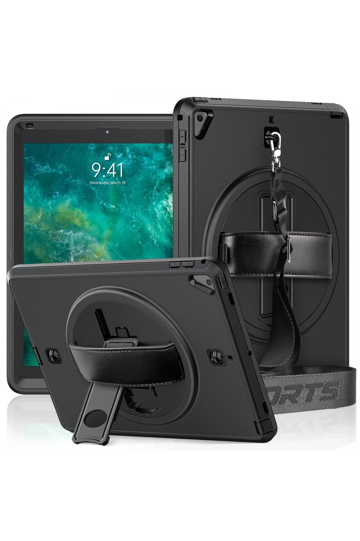 iPad 5 Air 9.7 Kılıf Strap-C Otterbox Tablet Kapak - Siyah-(5796)