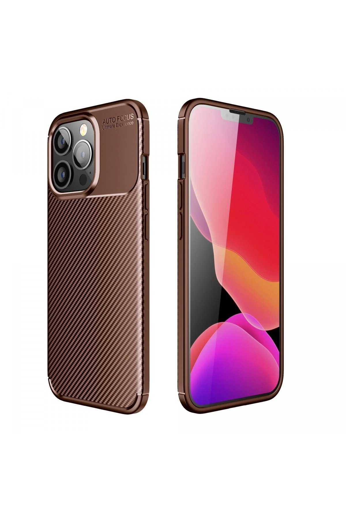 iPhone 13 Pro Max Kılıf Auto Focus Karbon Kapak - Kahverengi-(5796)
