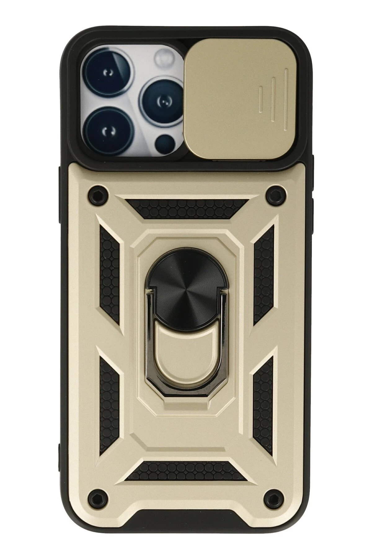 iPhone 13 Pro Kılıf Pars Lens Yüzüklü Silikon - Gold-(5796)
