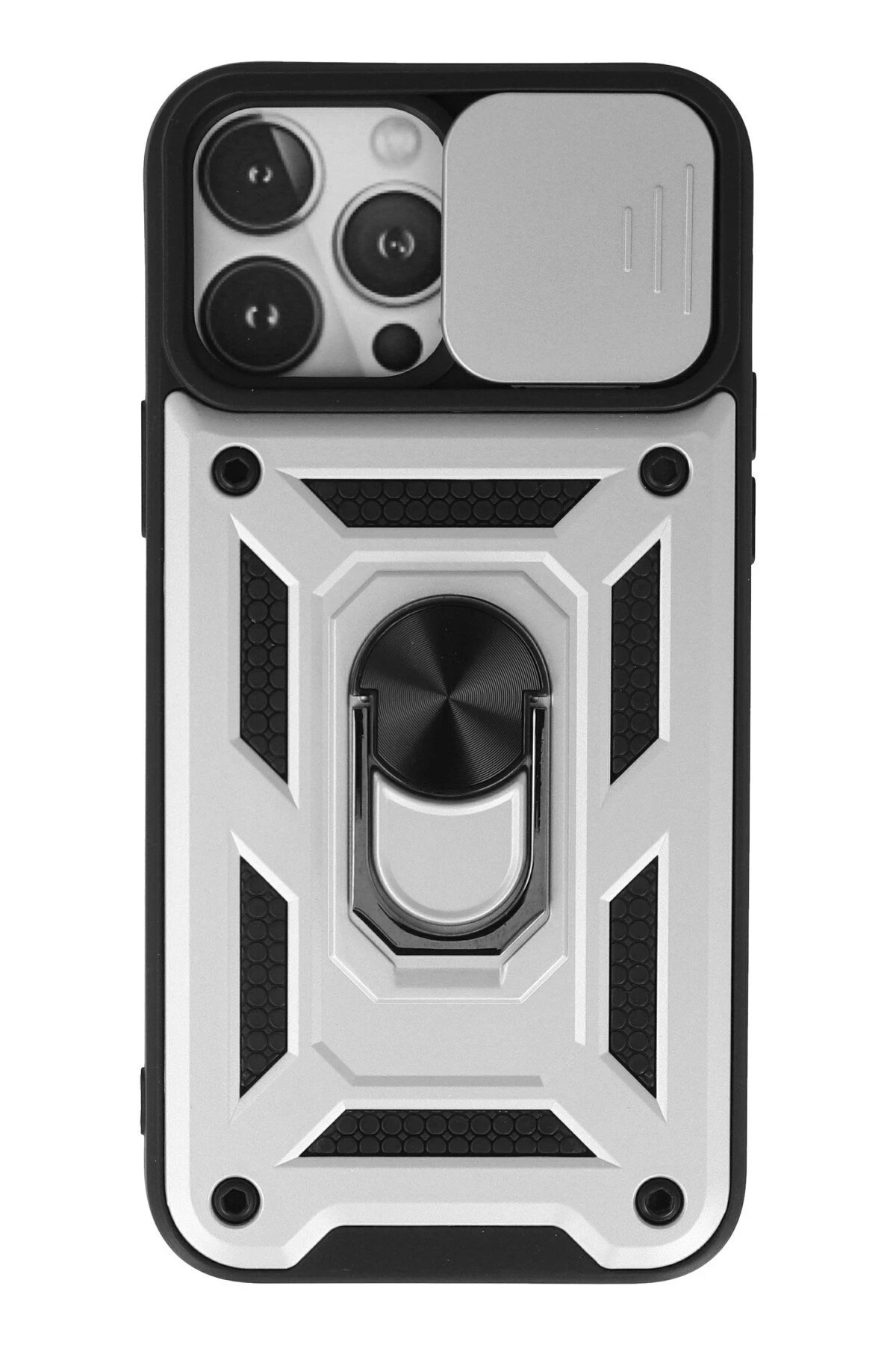 iPhone 13 Pro Max Kılıf Pars Lens Yüzüklü Silikon - Gümüş-(5796)