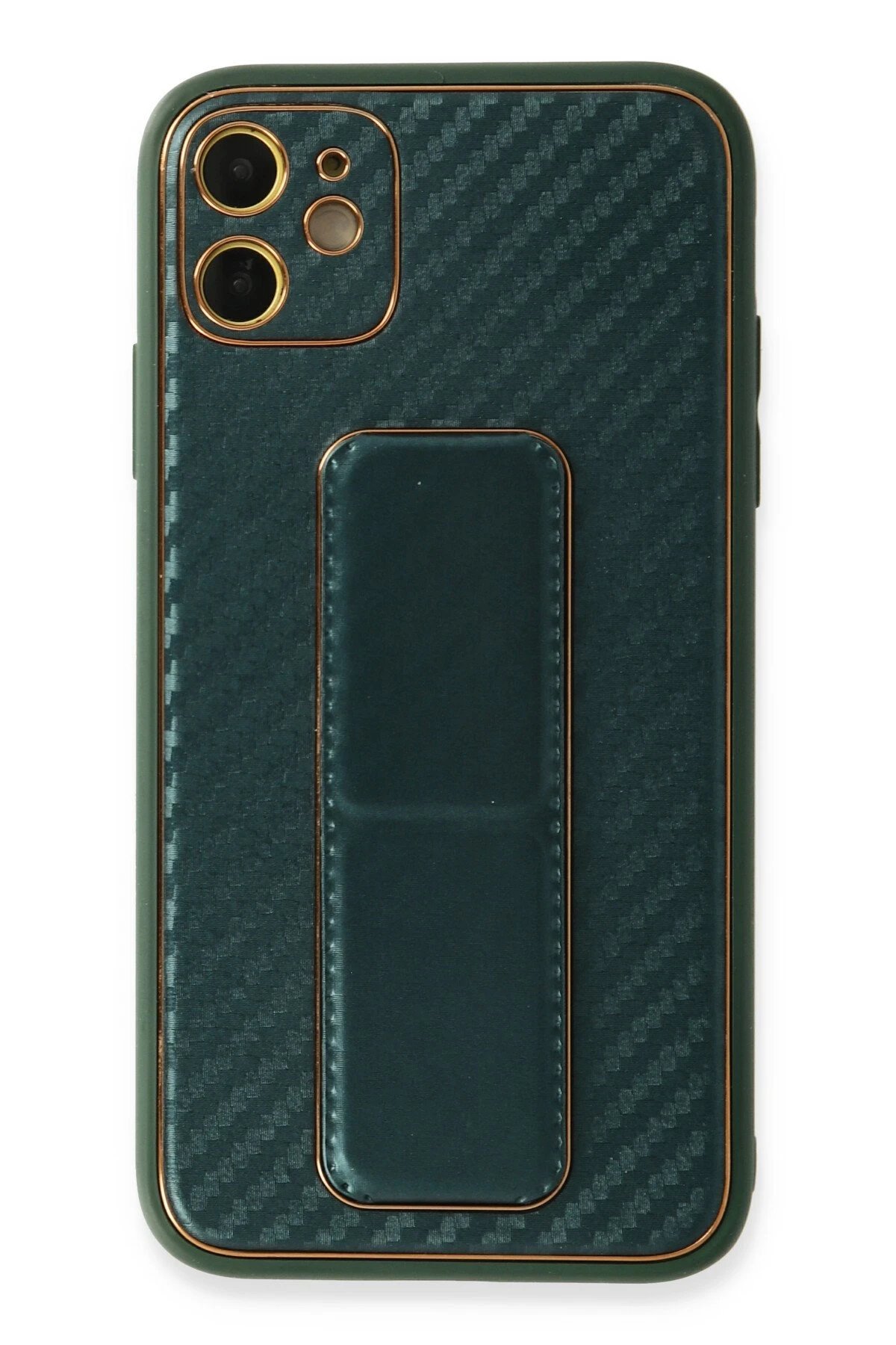 iPhone 12 Kılıf Coco Karbon Standlı Kapak - Yeşil-(5796)