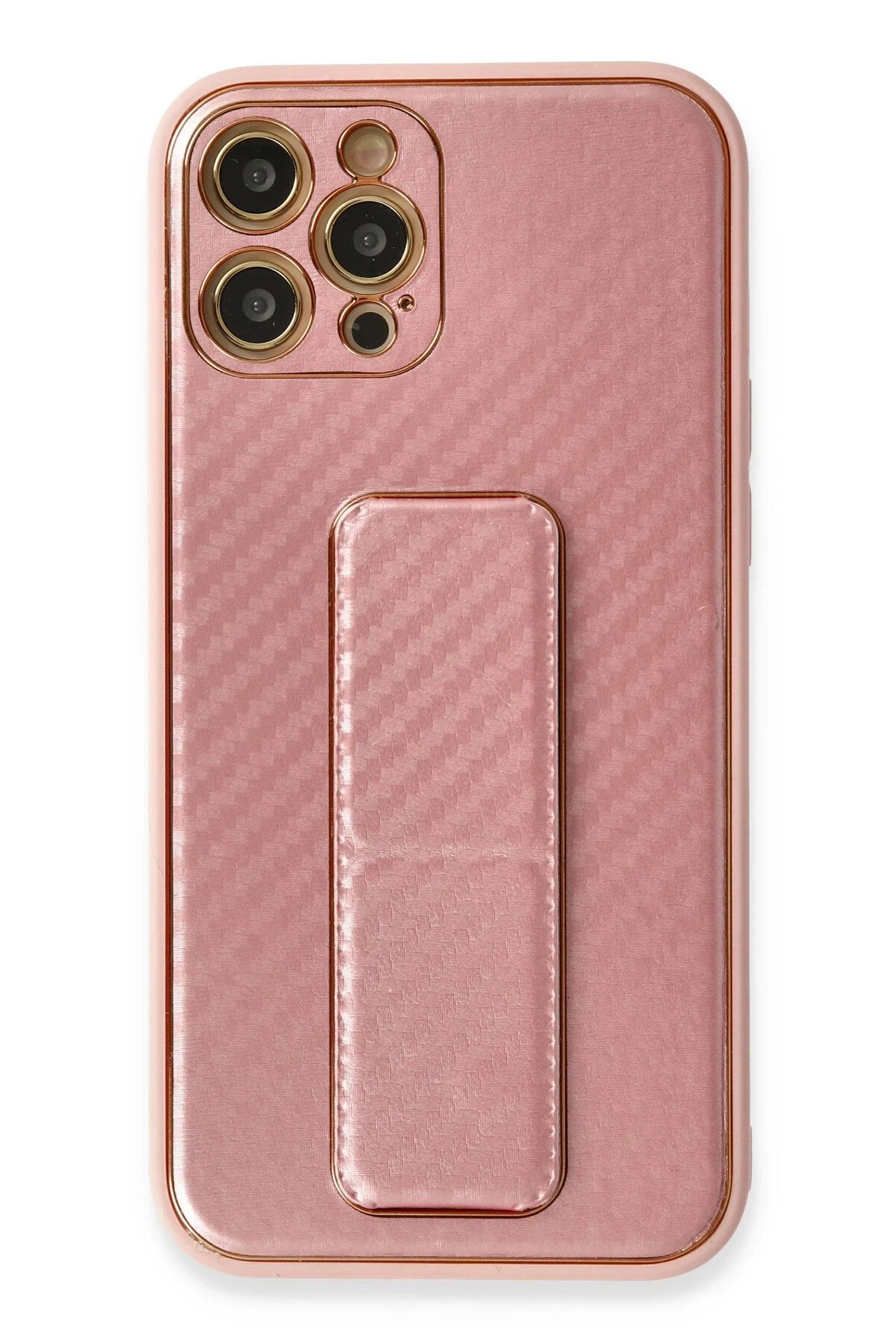 iPhone 12 Pro Kılıf Coco Karbon Standlı Kapak - Pembe-(5796)