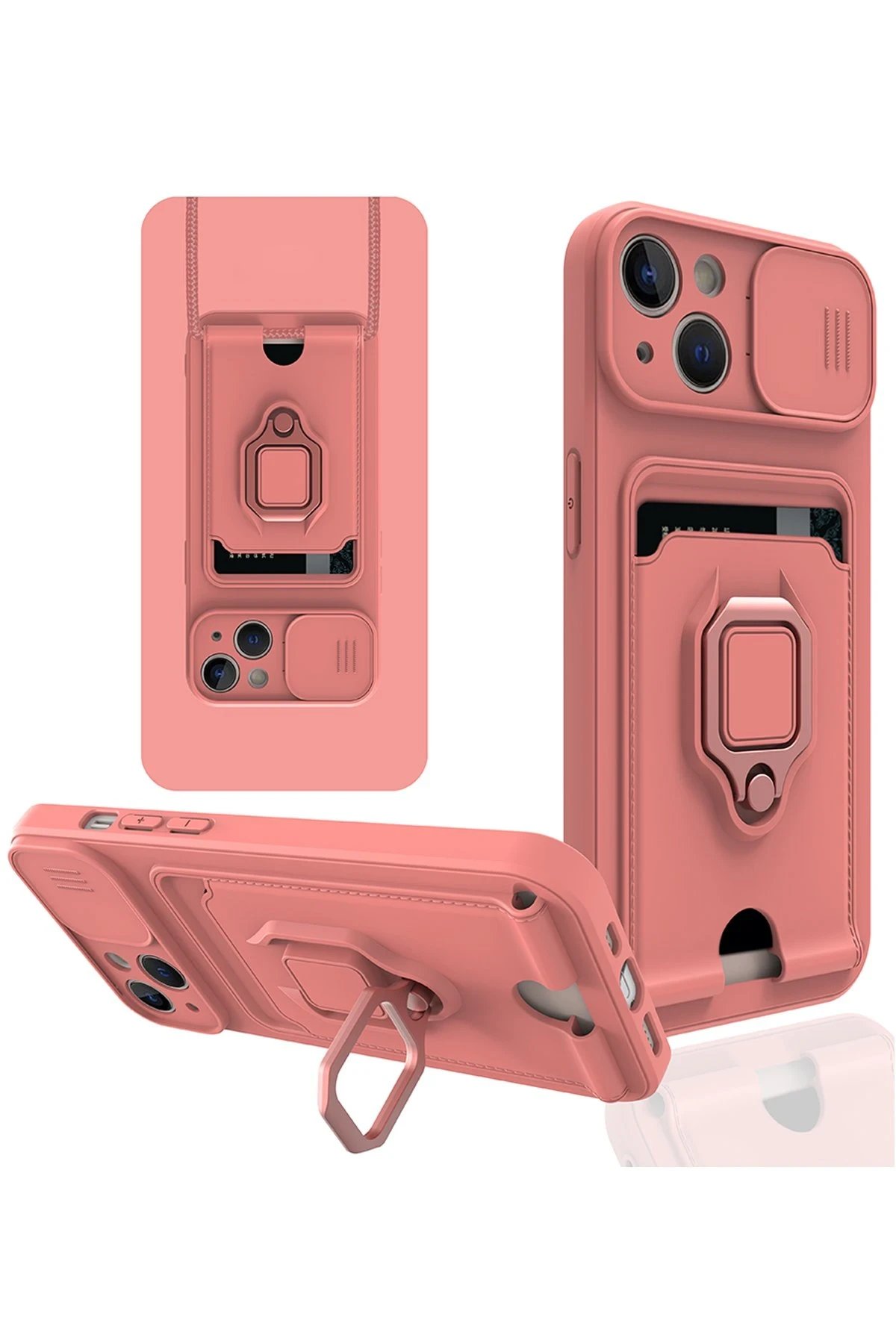 iPhone 13 Kılıf Zuma Kartvizitli Yüzüklü Silikon - Pembe-(5796)