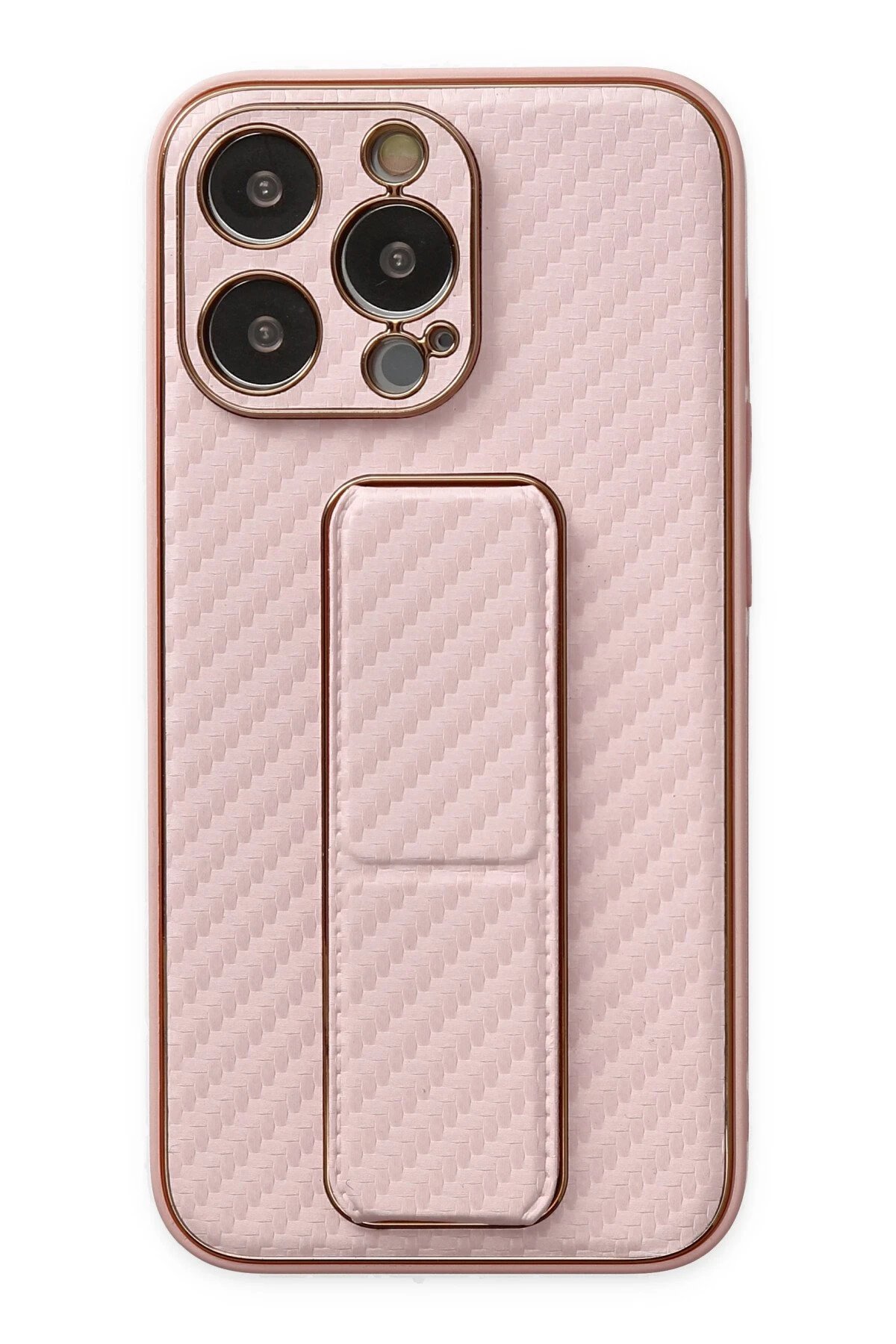 iPhone 13 Pro Kılıf Coco Karbon Standlı Kapak - Pembe-(5796)