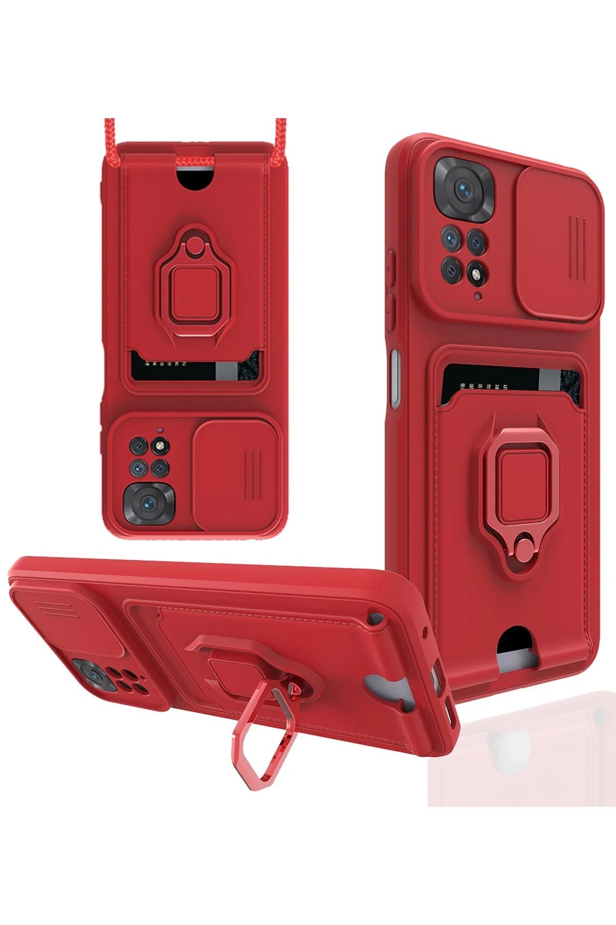 Xiaomi Redmi Note 11 Kılıf Zuma Kartvizitli Yüzüklü Silikon - Kırmızı-(5796)