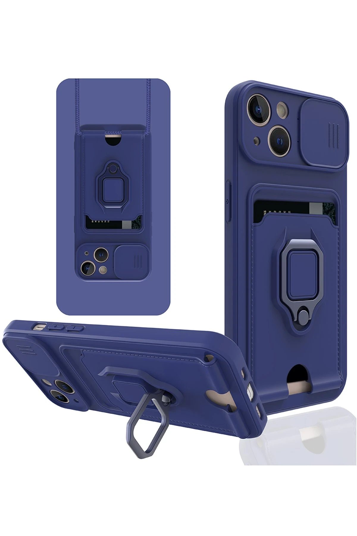 iPhone 14 Kılıf Zuma Kartvizitli Yüzüklü Silikon - Lacivert-(5796)