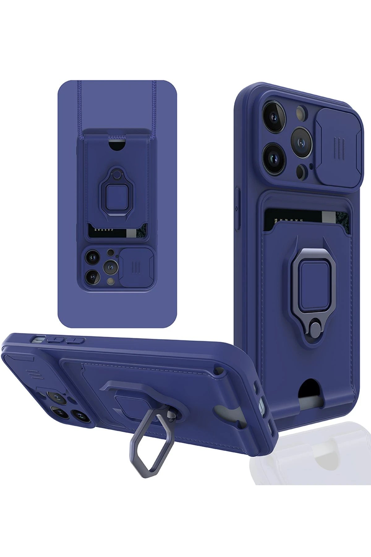 iPhone 14 Pro Kılıf Zuma Kartvizitli Yüzüklü Silikon - Lacivert-(5796)