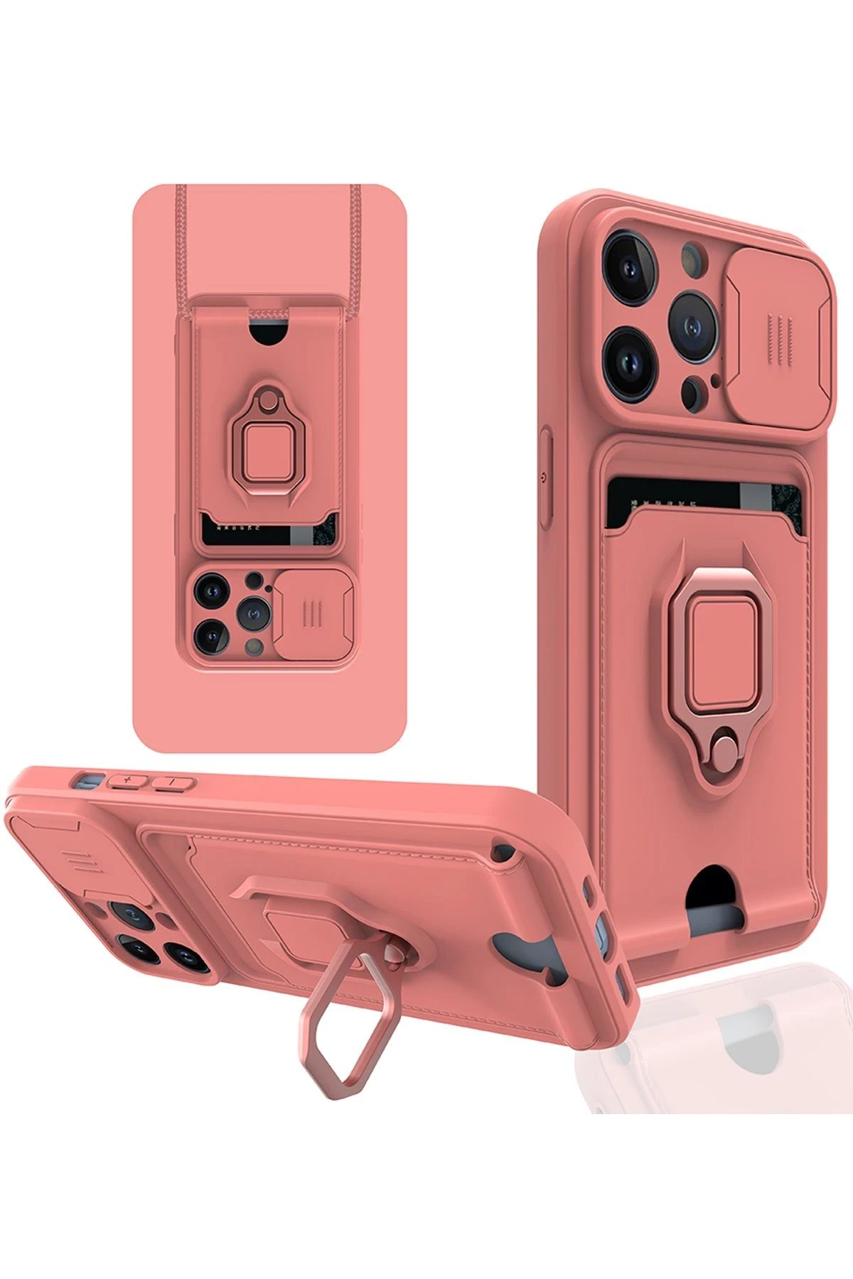 iPhone 14 Pro Kılıf Zuma Kartvizitli Yüzüklü Silikon - Pembe-(5796)