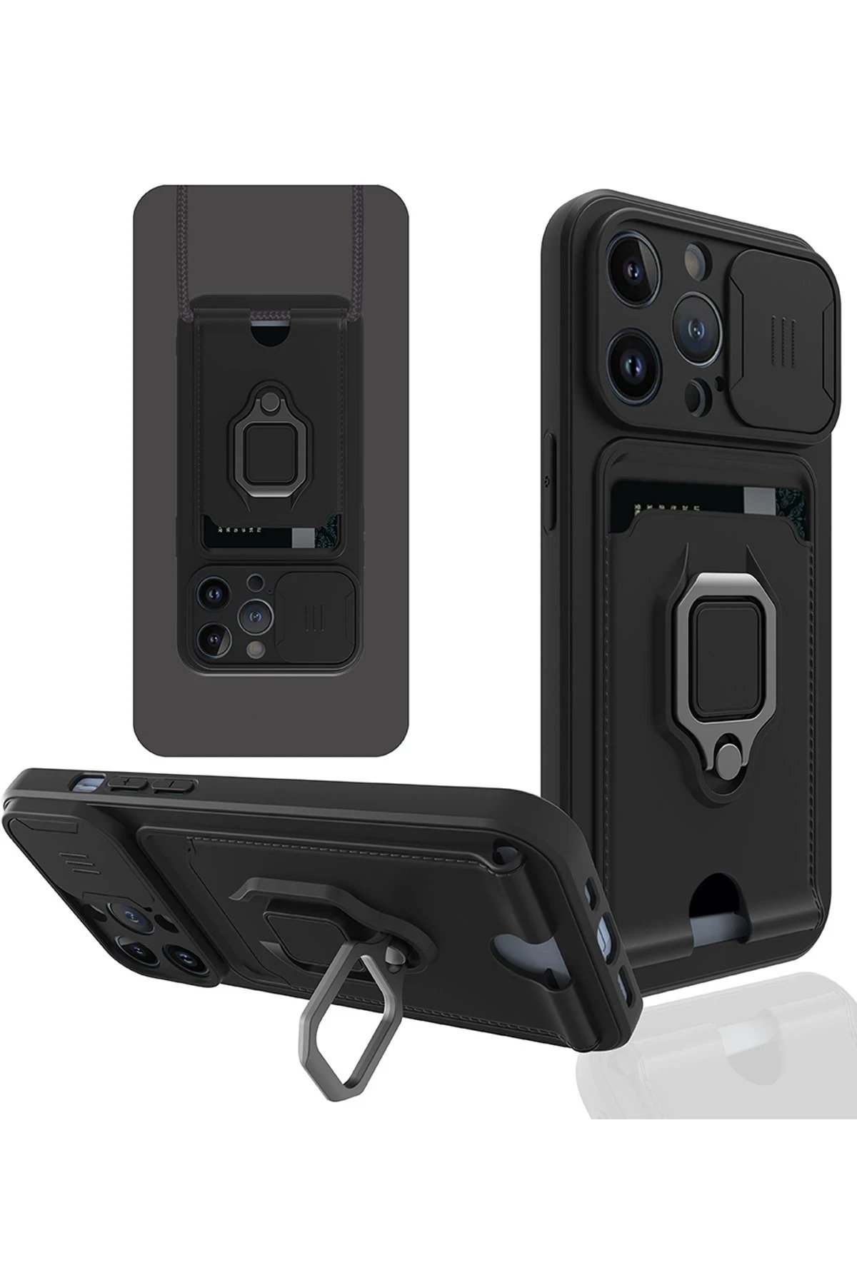 iPhone 14 Pro Max Kılıf Zuma Kartvizitli Yüzüklü Silikon - Siyah-(5796)