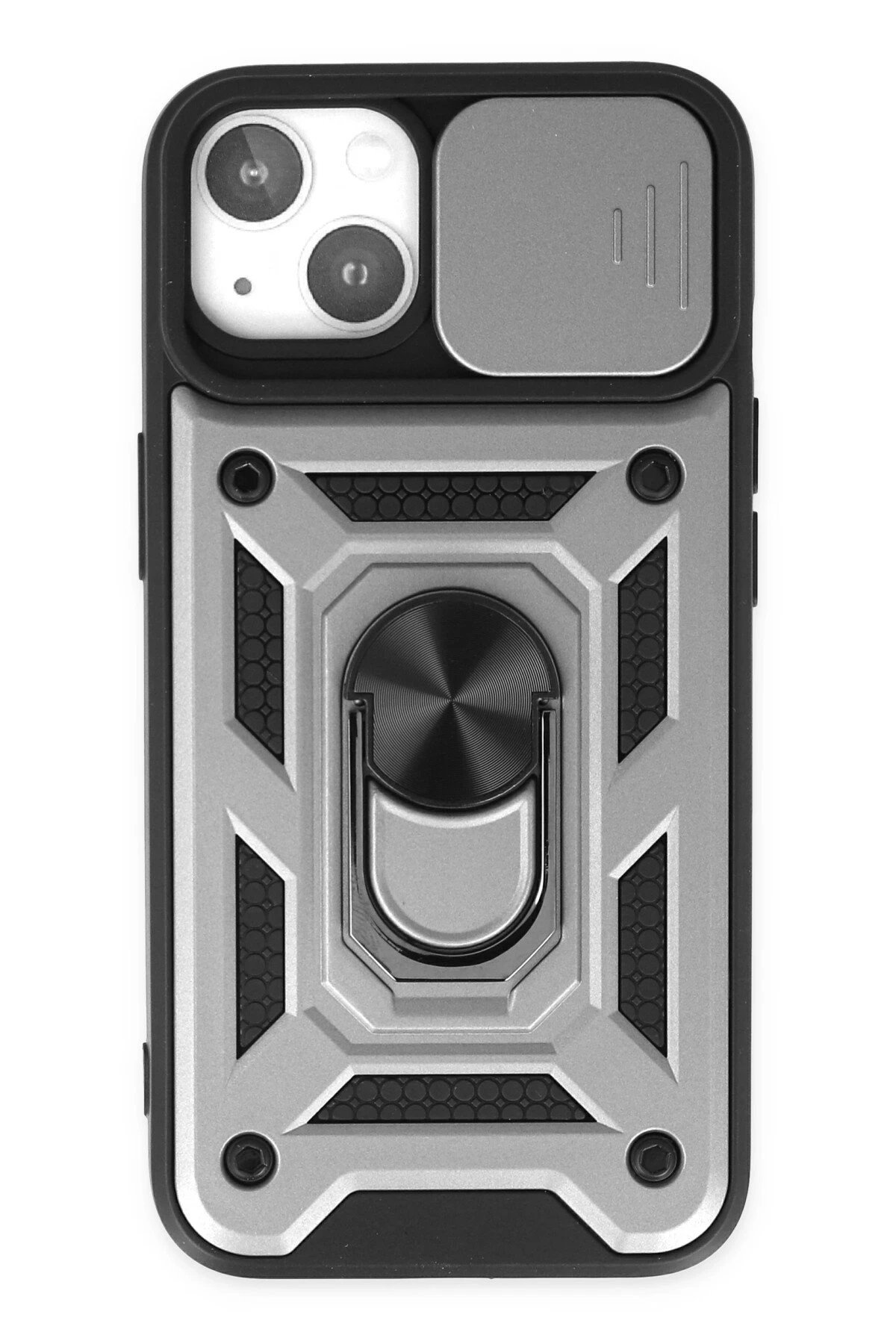 iPhone 14 Kılıf Pars Lens Yüzüklü Silikon - Gümüş-(5796)