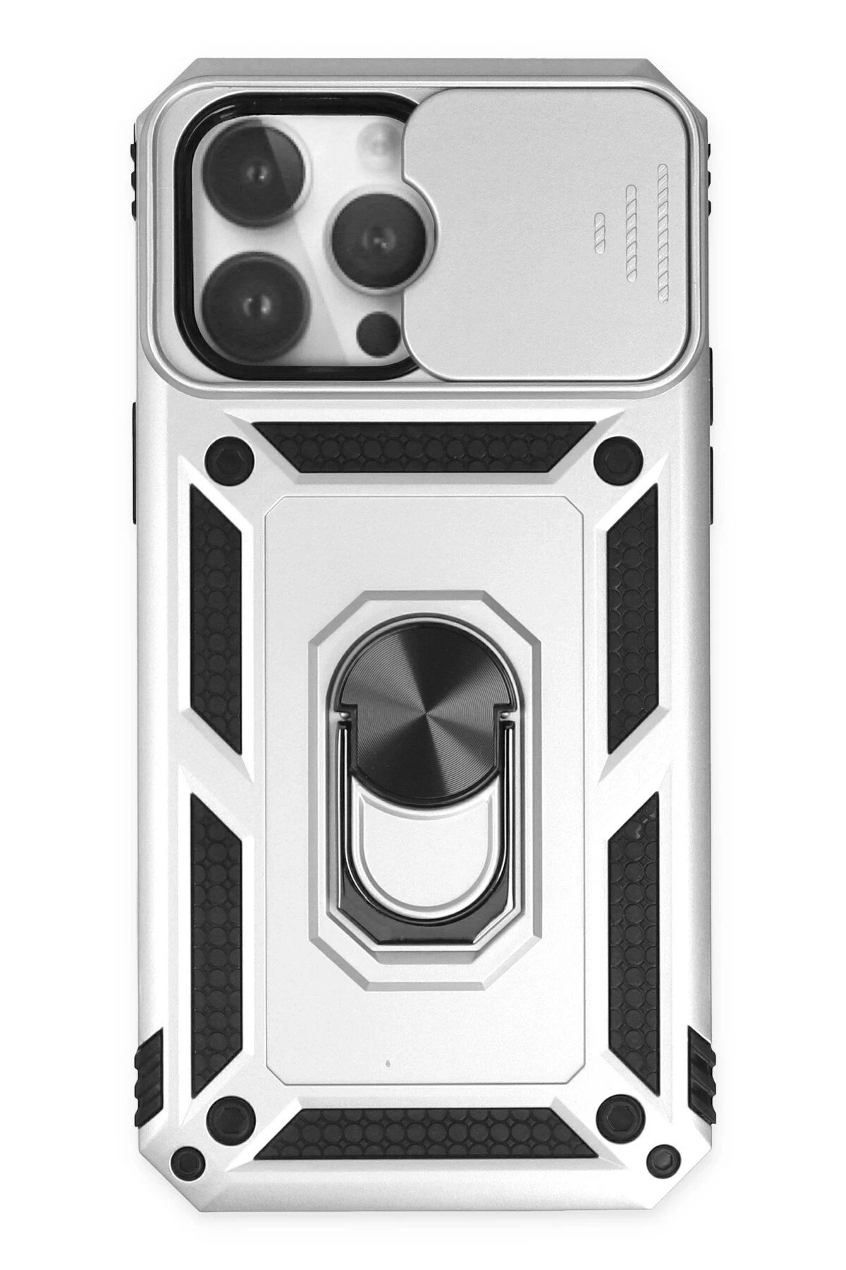 iPhone 14 Pro Max Kılıf Pars Lens Yüzüklü Silikon - Gümüş-(5796)