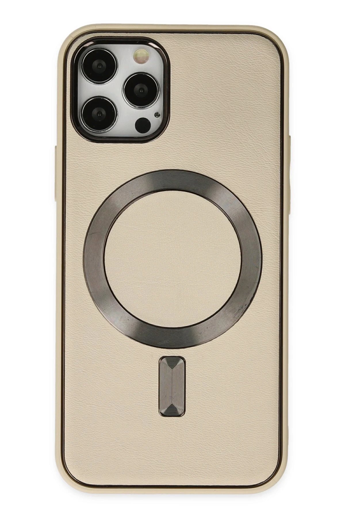 iPhone 12 Pro Max Kılıf Coco Deri Magneticsafe Silikon - Krem-(5796)