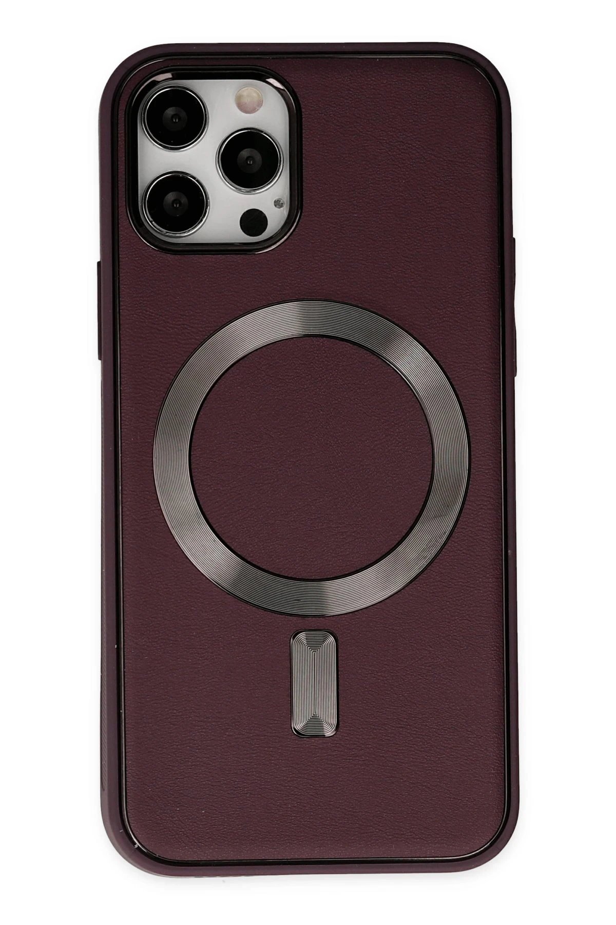 iPhone 12 Pro Max Kılıf Coco Deri Magneticsafe Silikon - Bordo-(5796)