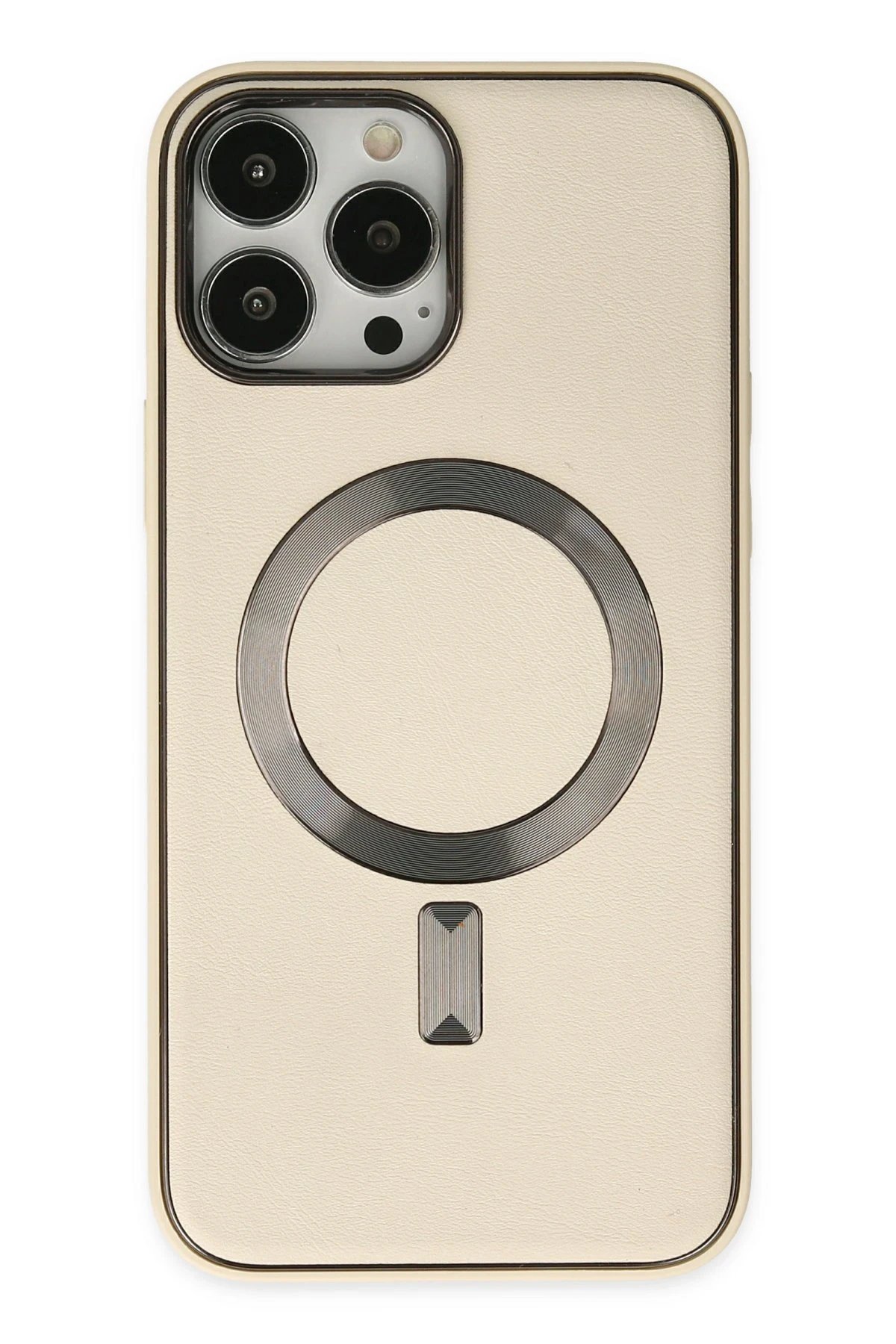 iPhone 13 Pro Kılıf Coco Deri Magneticsafe Silikon - Krem-(5796)