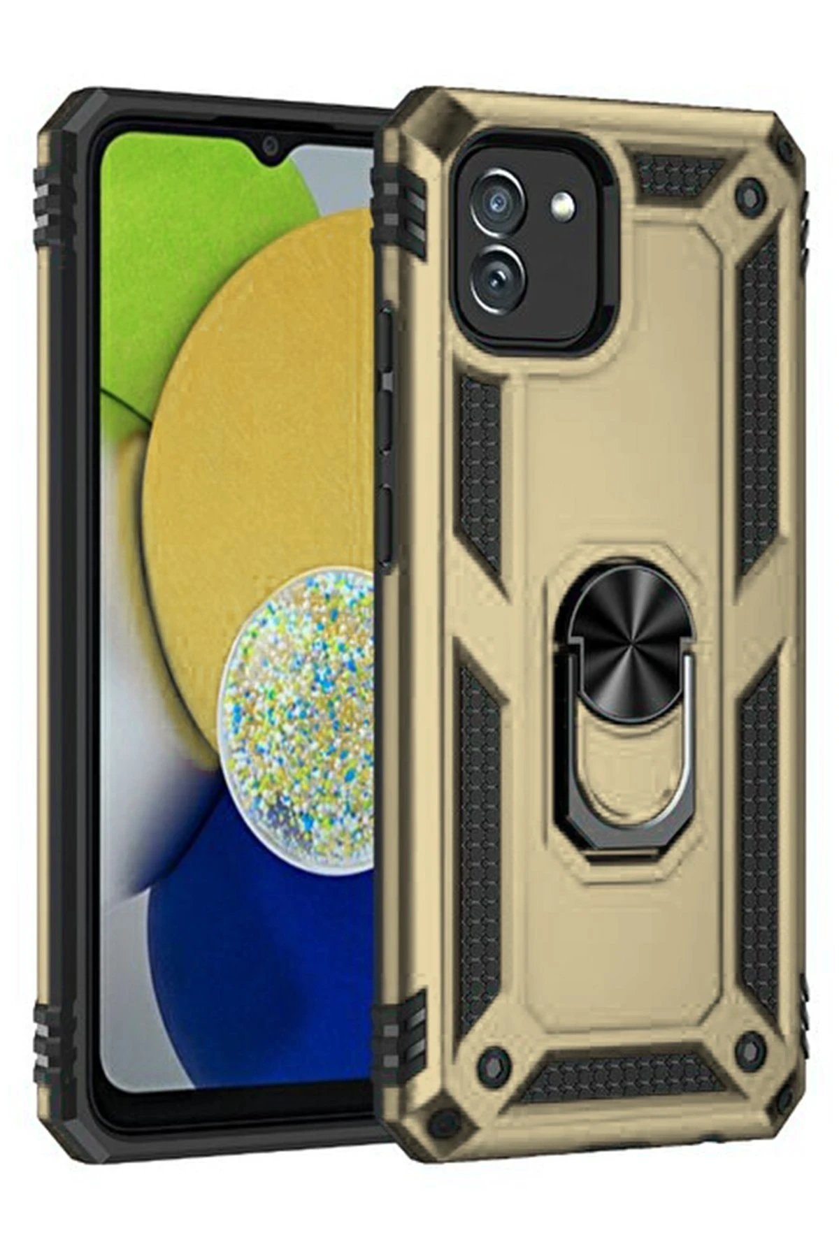 Samsung Galaxy A03 Kılıf Sofya Yüzüklü Silikon Kapak - Gold-(5796)