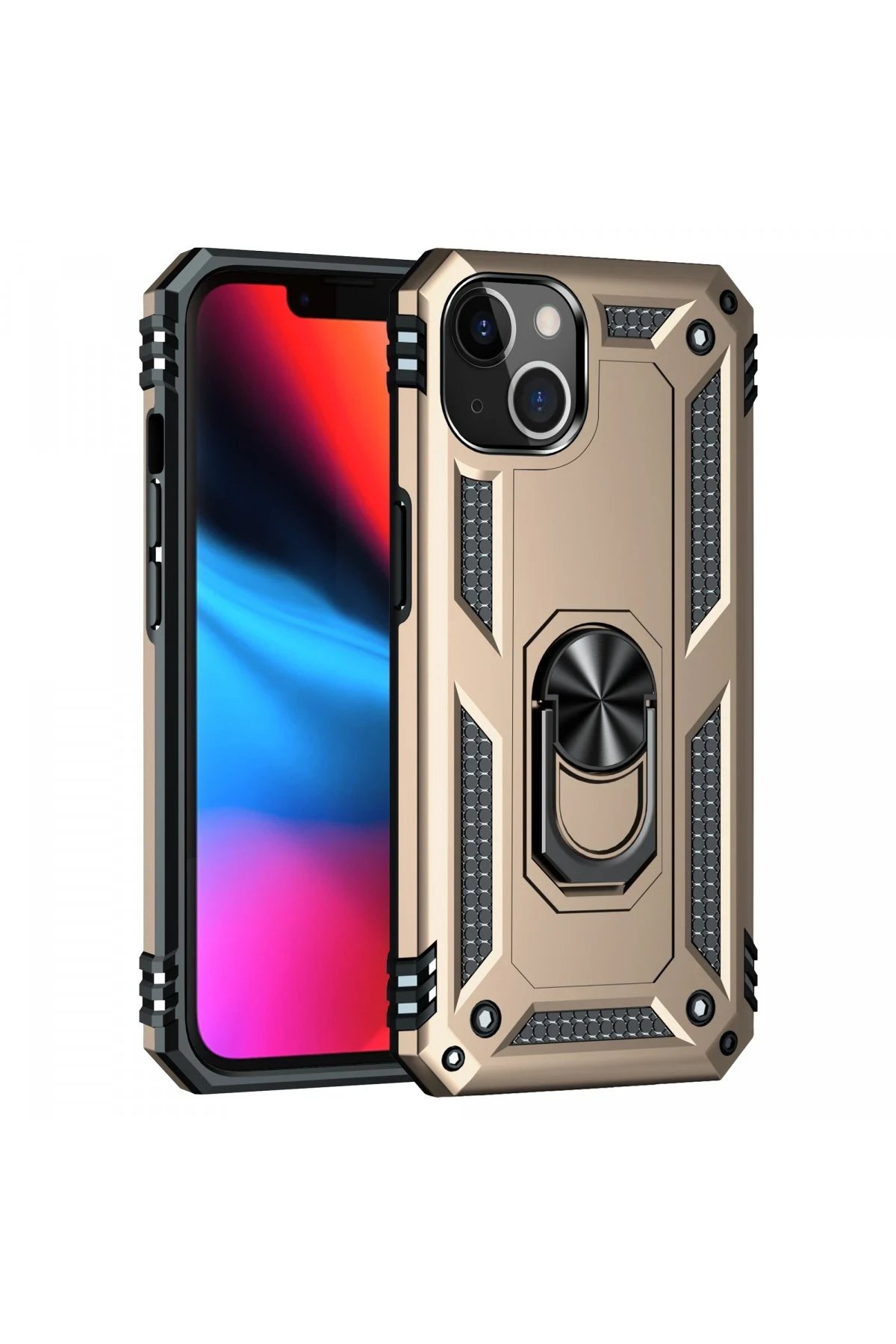 iPhone 14 Kılıf Sofya Yüzüklü Silikon Kapak - Gold-(5796)
