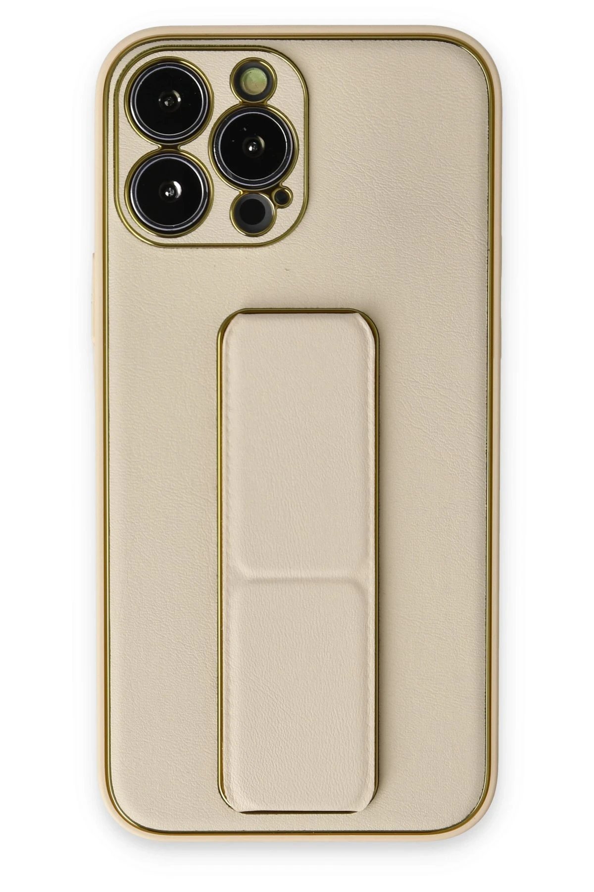 iPhone 14 Pro Kılıf Coco Deri Standlı Kapak - Gold-(5796)