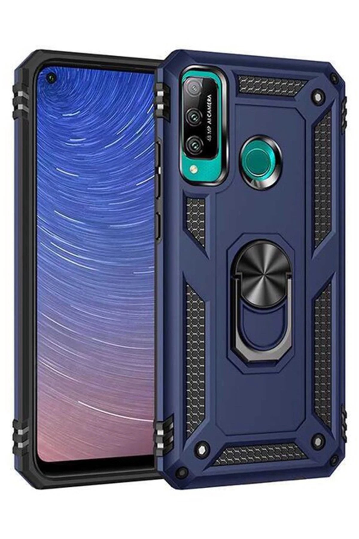 Huawei P40 Lite E Kılıf Sofya Yüzüklü Silikon Kapak - Lacivert-(5796)