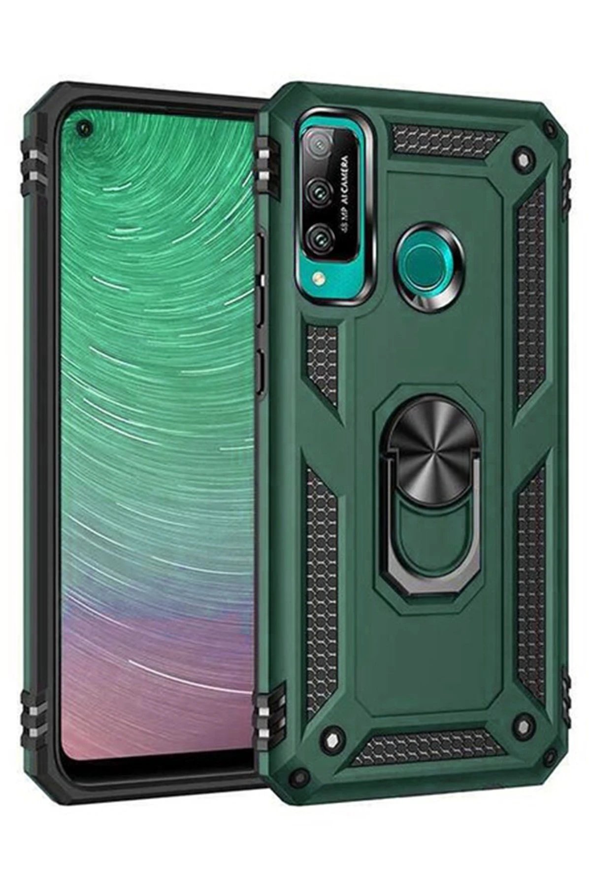 Huawei P40 Lite E Kılıf Sofya Yüzüklü Silikon Kapak - Yeşil-(5796)