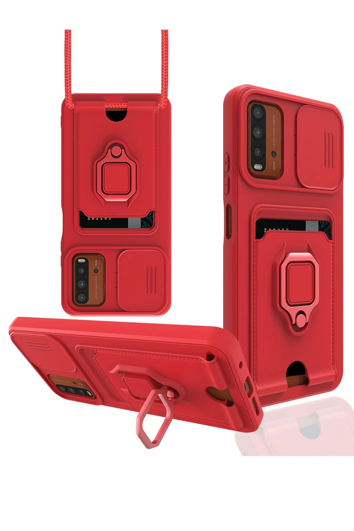 Xiaomi Redmi 9T Kılıf Zuma Kartvizitli Yüzüklü Silikon - Kırmızı-(5796)