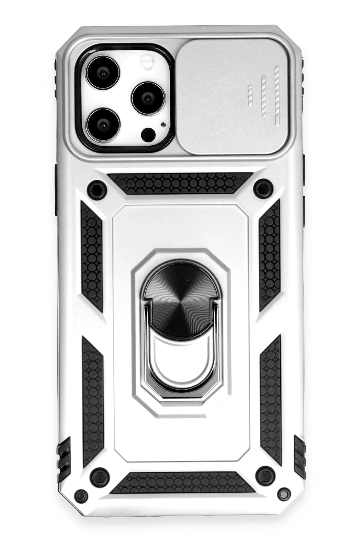 iPhone 12 Pro Max Kılıf Pars Lens Yüzüklü Silikon - Gümüş-(5796)
