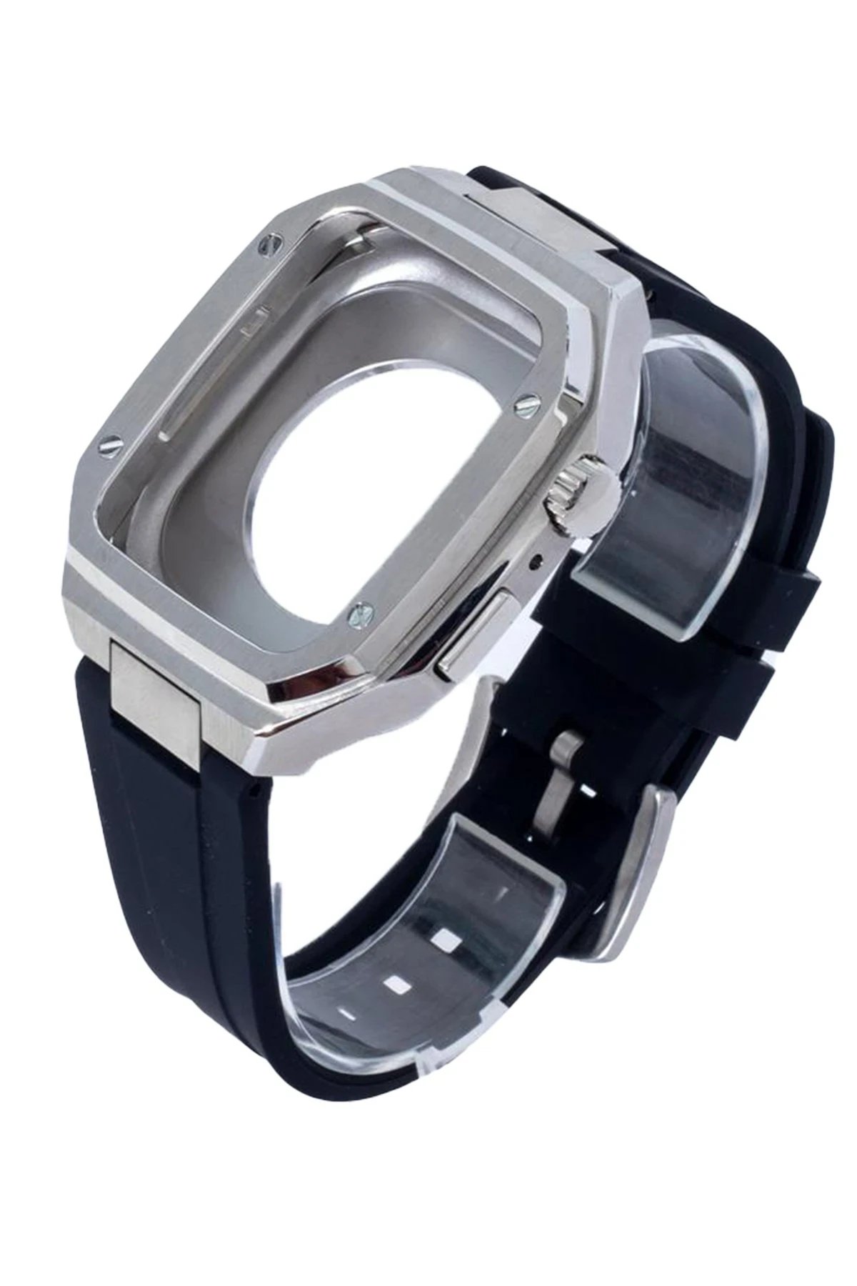 Apple Watch 44mm KR402 Metal Kasa Silikon Kordon - Gümüş-(5796)