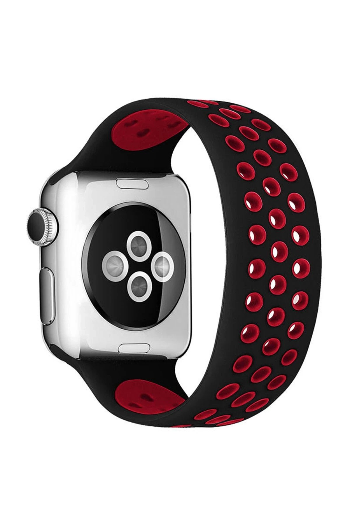 Apple Watch 42mm Ayarlı Delikli Silikon Kordon - Siyah-Kırmızı-(5796)