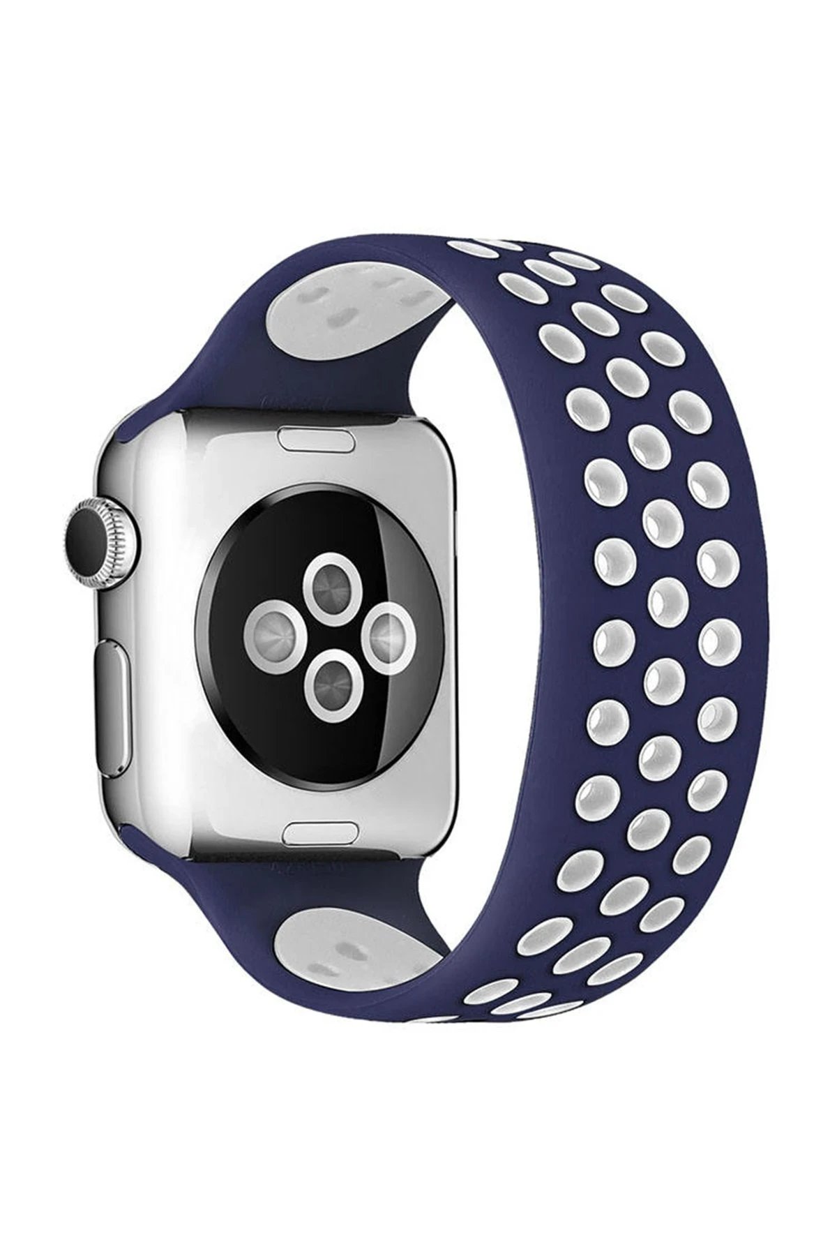Apple Watch 42mm Ayarlı Delikli Silikon Kordon - Lacivert-Beyaz-(5796)